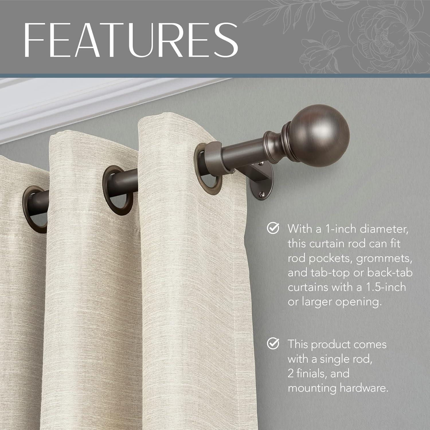 Elrene Cordelia 1" Window Drapery Single Curtain Rod with Globe Ball Finial - Elrene Home Fashions