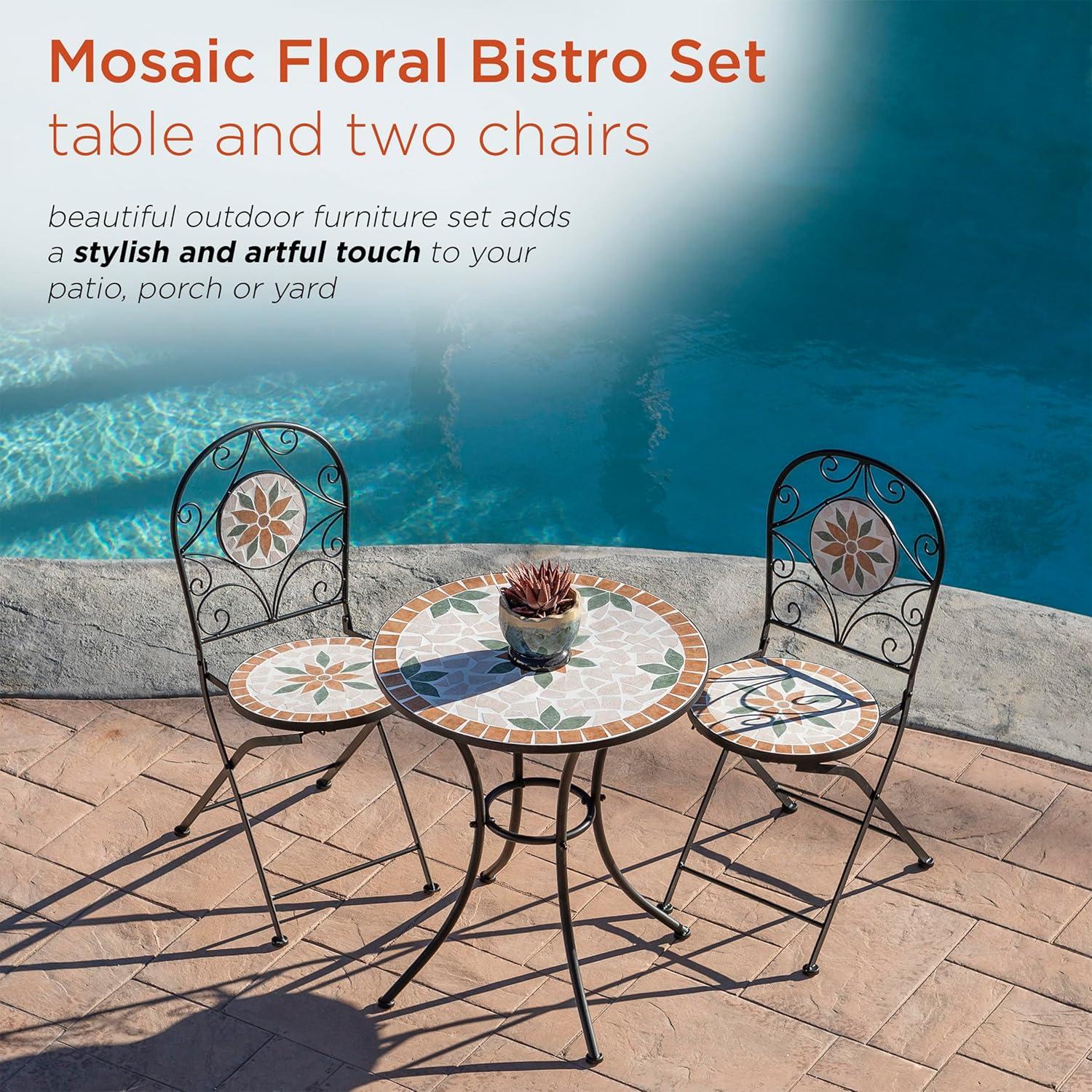 Alpine Corporation 3-Piece Iron Mosaic Tile Patio Bistro Set, Light Brown