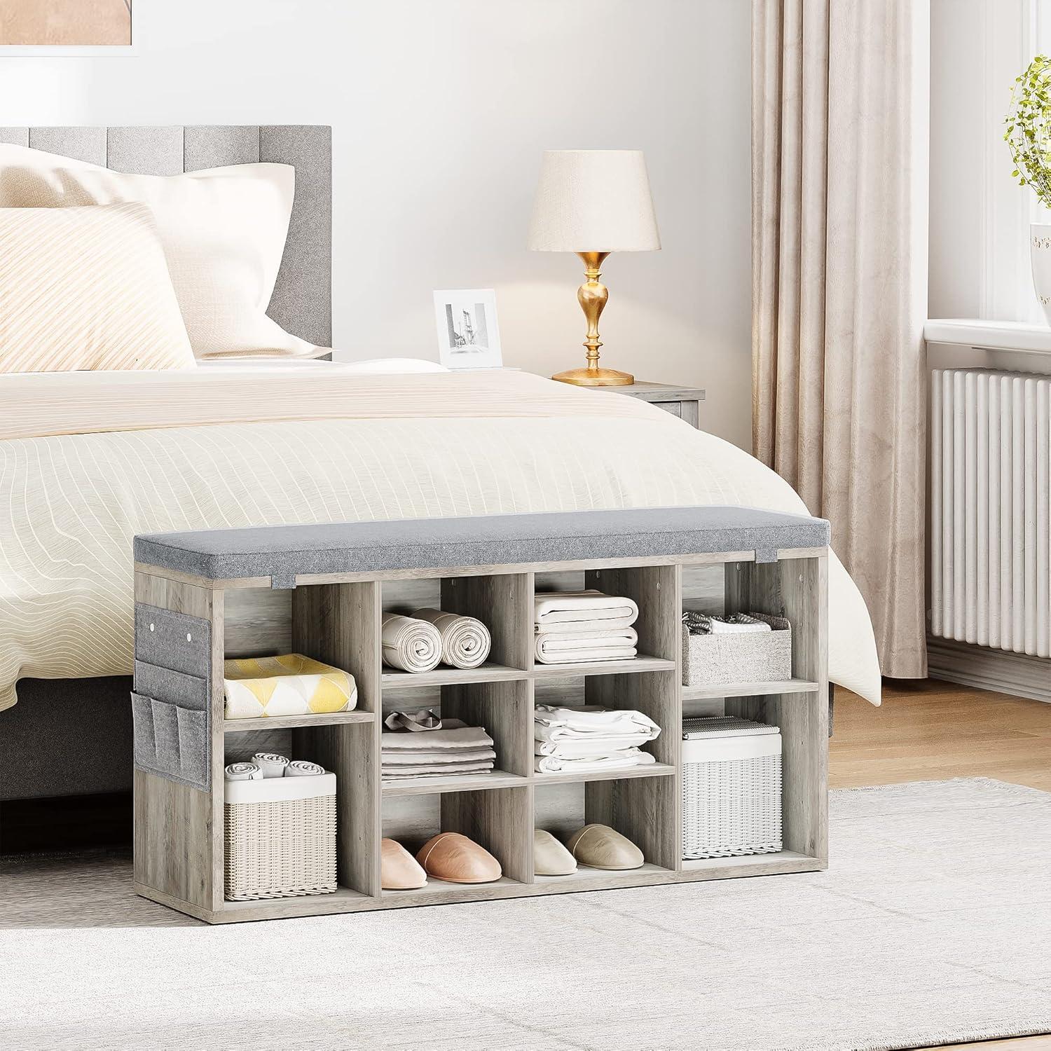 Gray Wood Shoe Storage Bench with Cushion and Adjustable Shelves