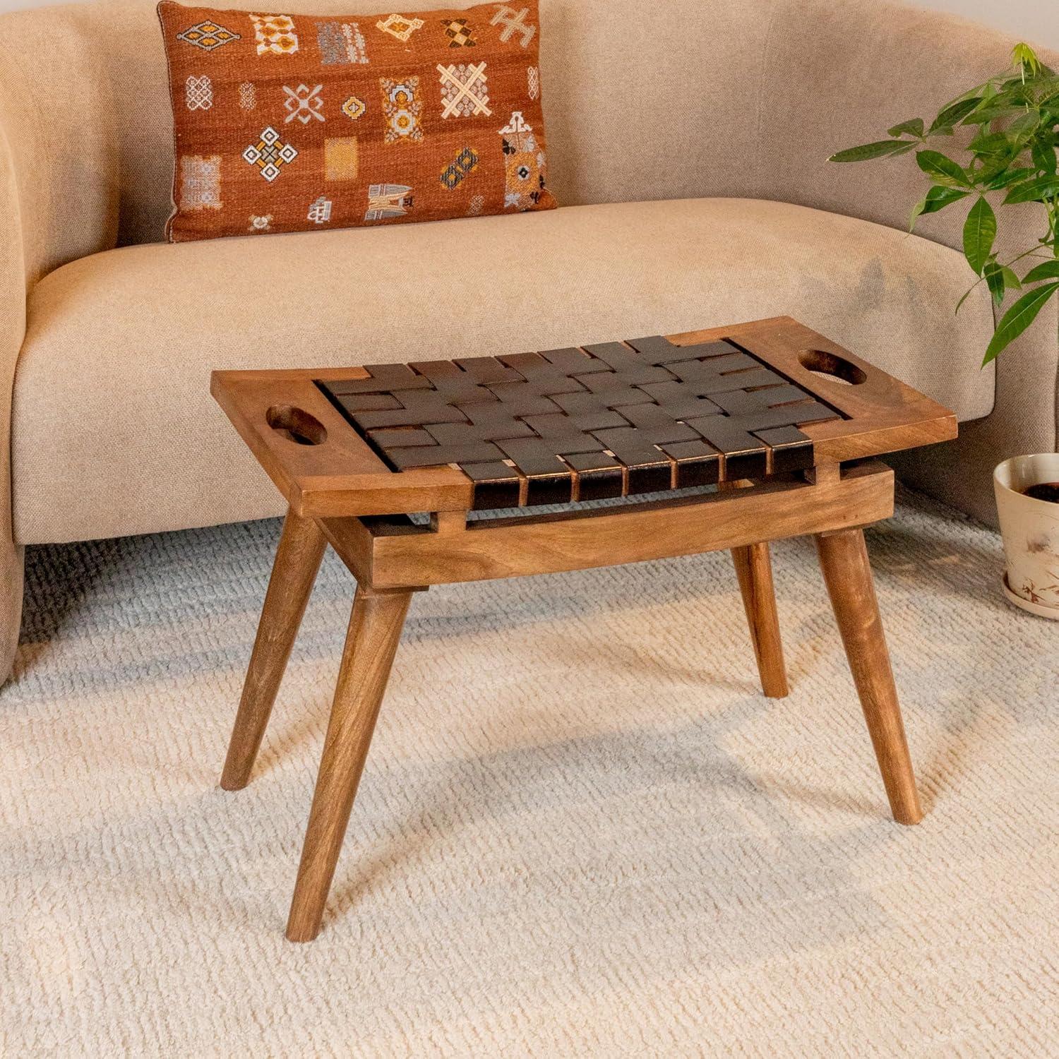 Storied Home Mango Wood Stool Brown: Leather Seat, No Assembly, 17.75" Height, Accent Chair