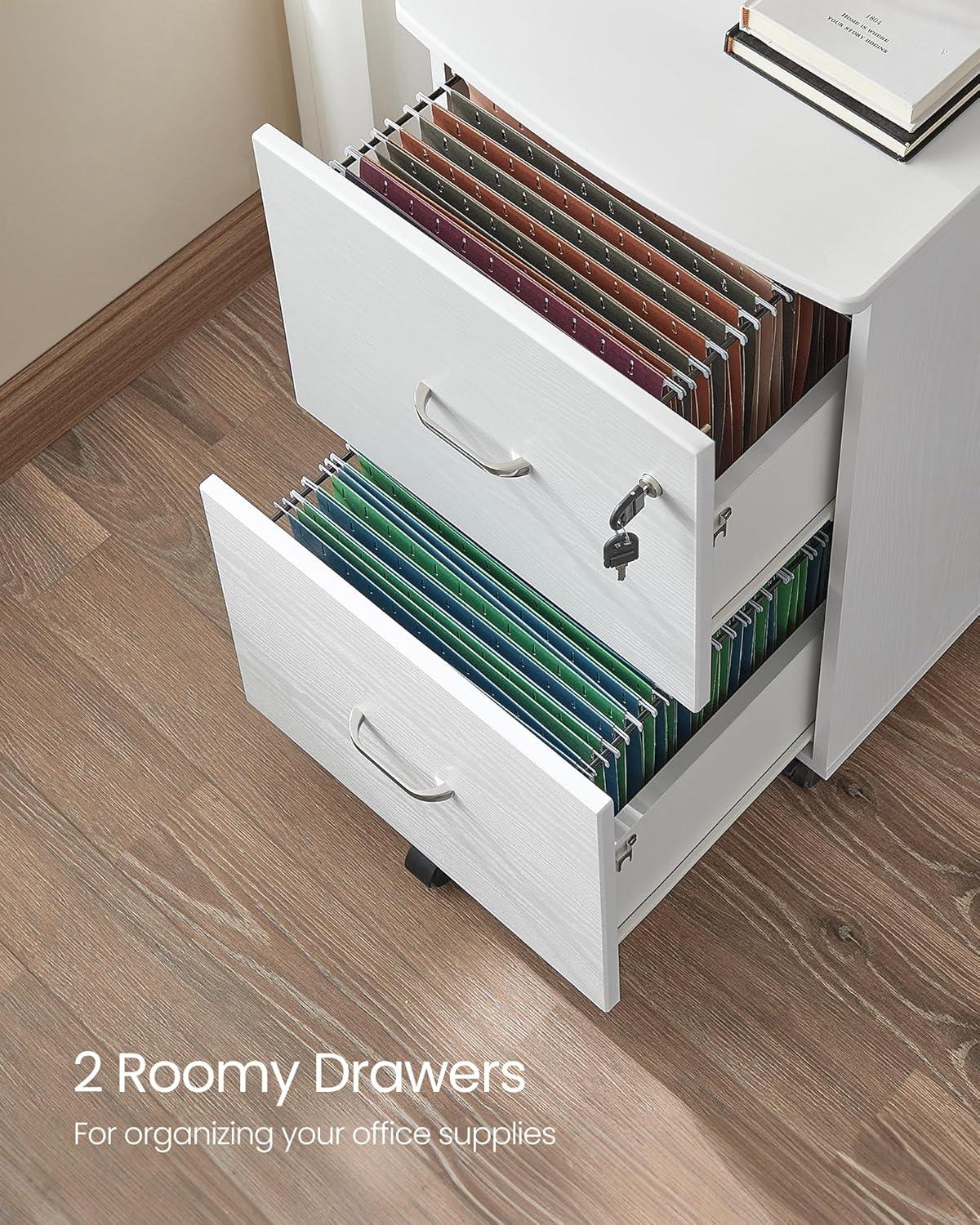 White Mobile 2-Drawer Lockable File Cabinet with Metal Handles