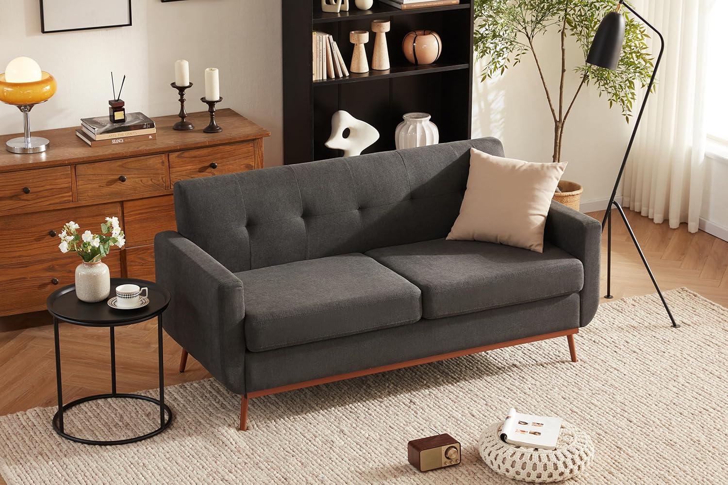 65" Loveseat Sofa, Mid Century Modern Love Seat Couches for Living Room, Comfy Button Tufted Upholstered Sofa Couch for Bedroom, Solid & Easy to Install Small Couch for Small Spaces, Dark Grey