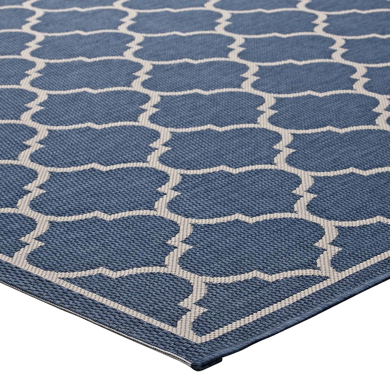 Modway Avena Moroccan Quatrefoil Trellis 8x10 Indoor and Outdoor Area Rug - Blue and Beige,  100% Soft Polypropylene ,  Tight Low Pile Weave