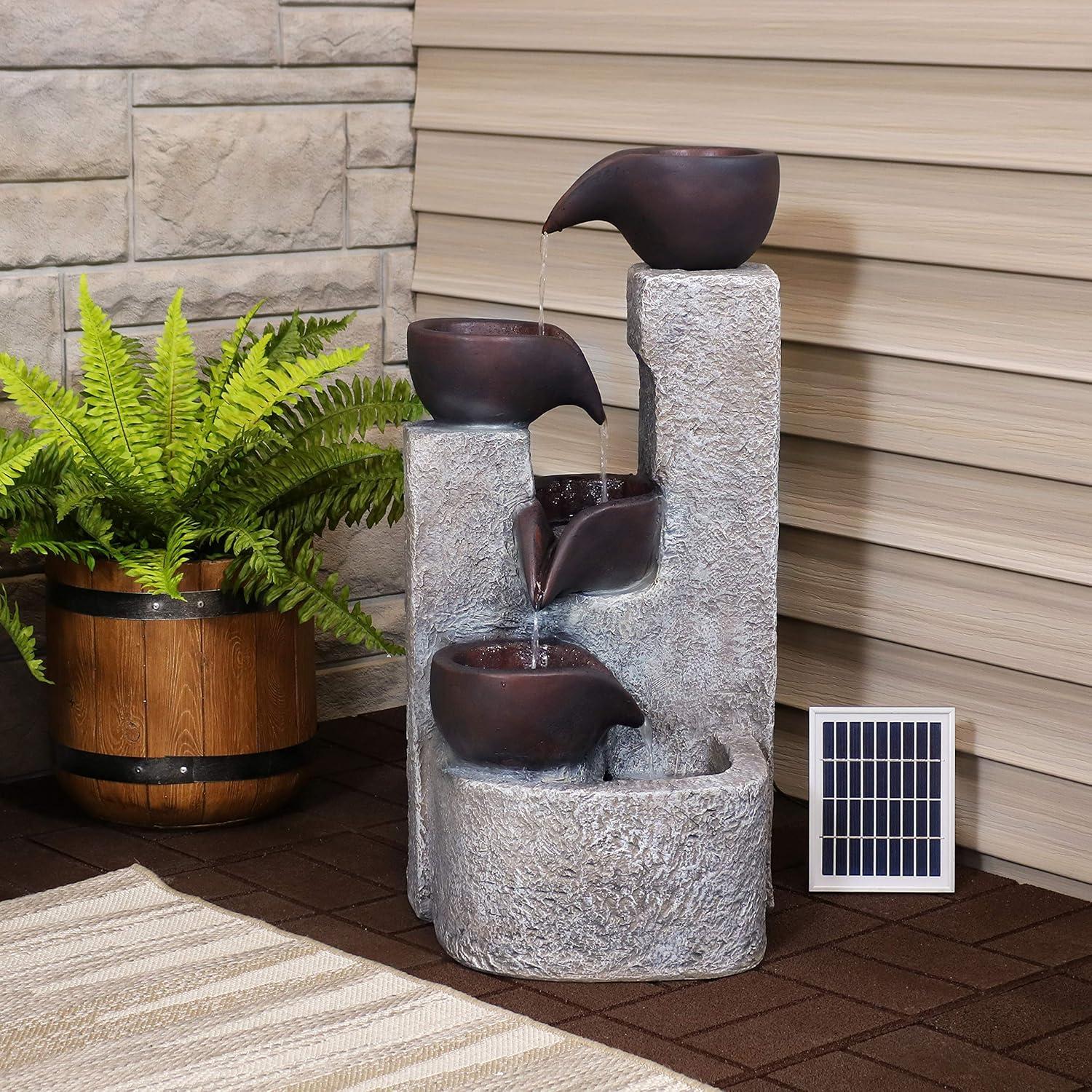 Sunnydaze Outdoor Polyresin Solar Powered Aged Tiered Vessels Water Fountain with Battery Backup - 29"