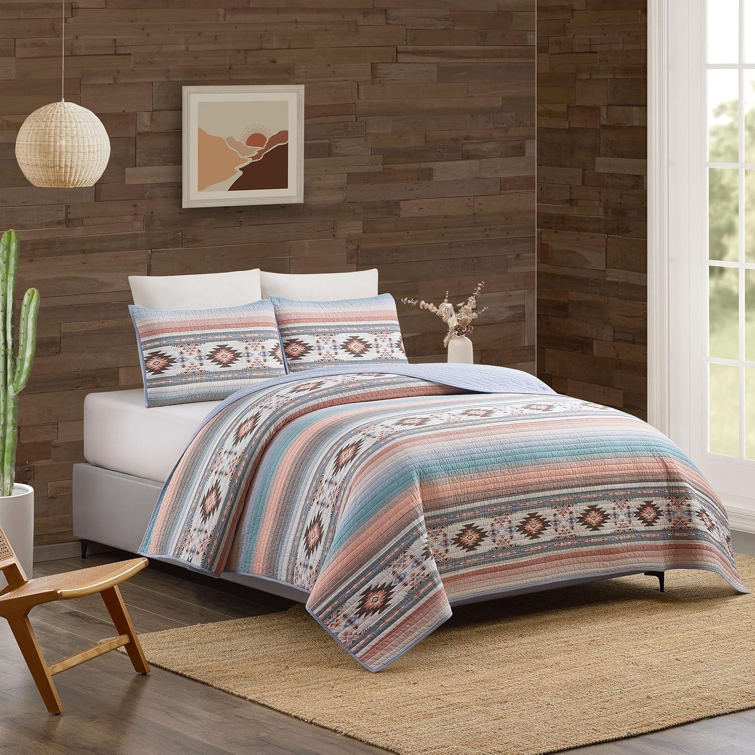 Sunset Canyon Cotton Bedding - Blue/Coral/Beige Quilt Set