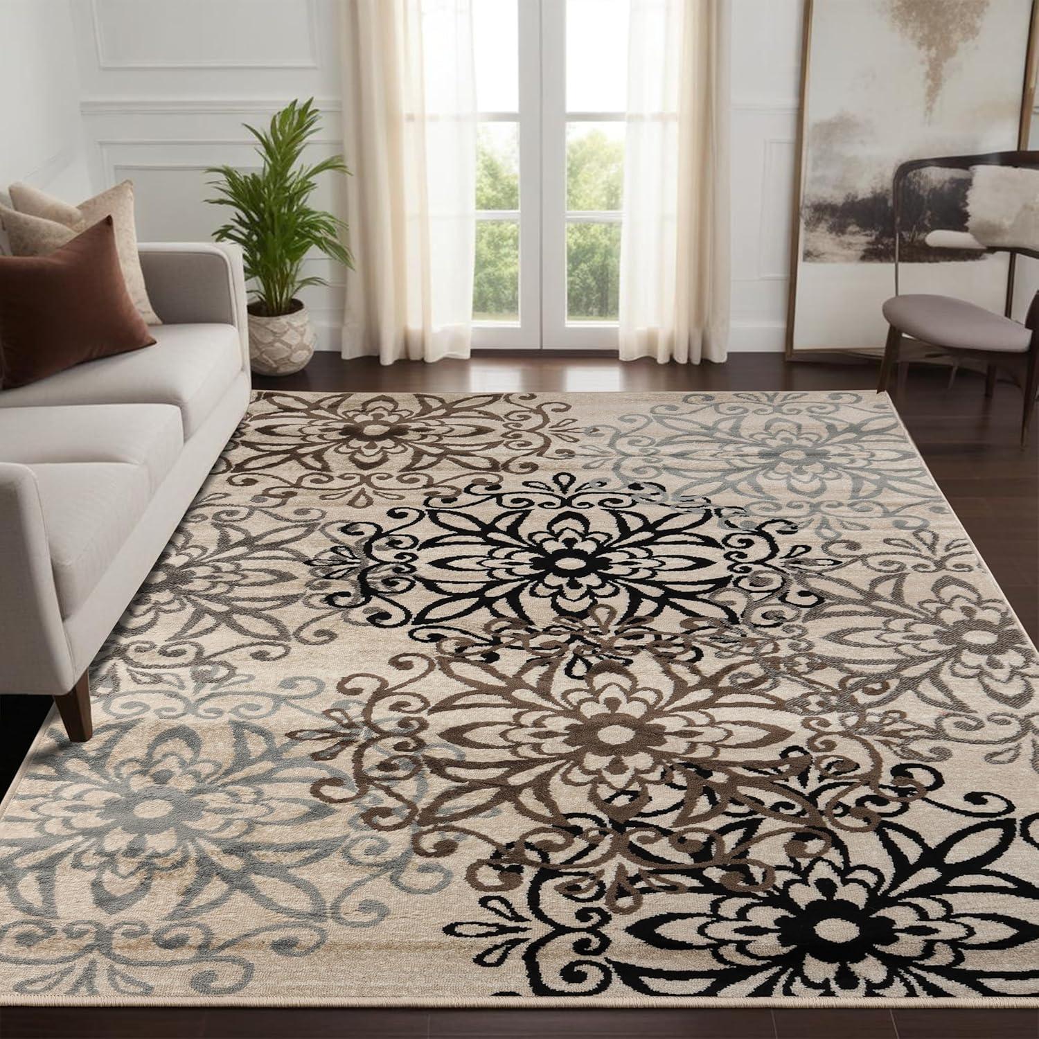 Beige Floral Medallion Polypropylene Area Rug with Jute Backing