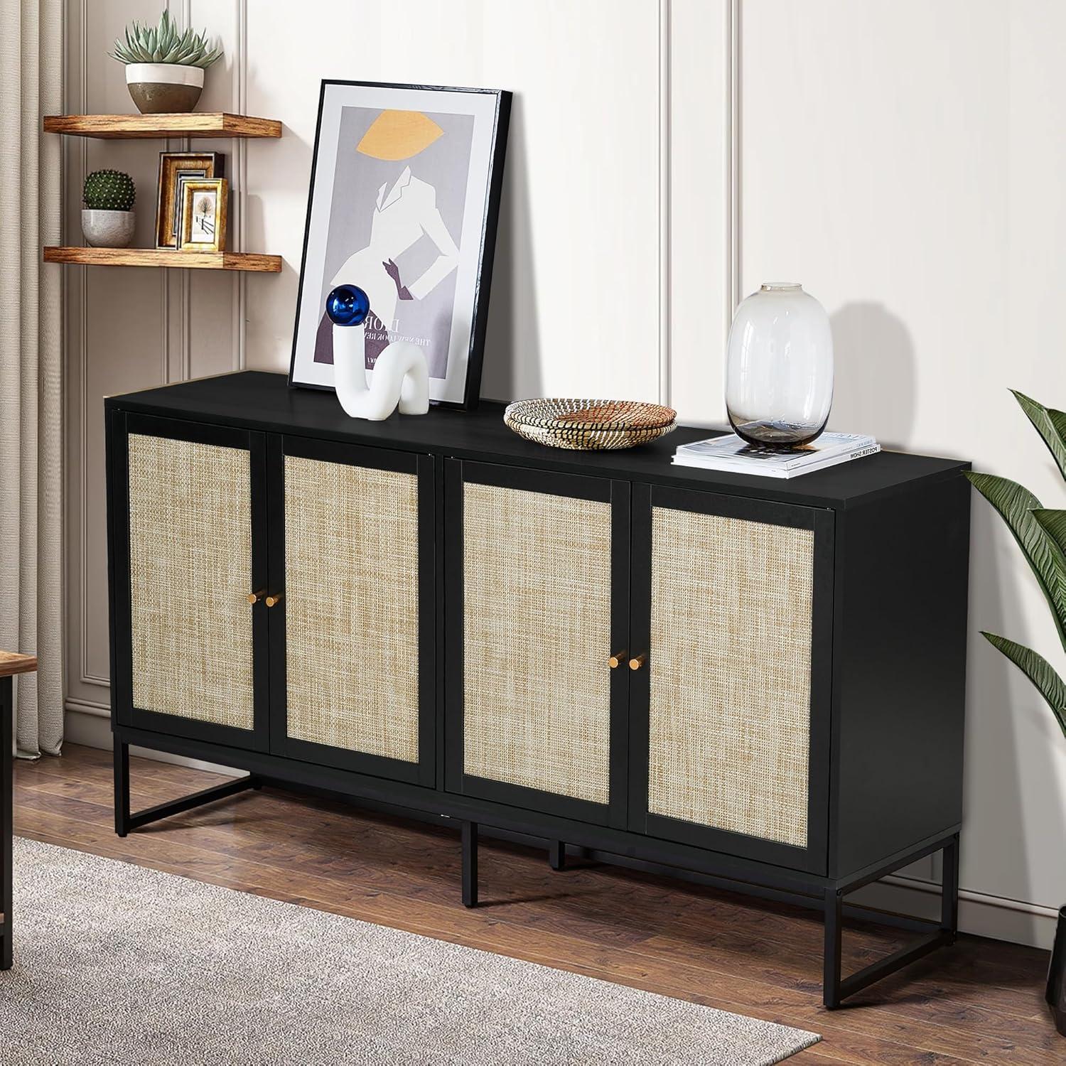 PORKISS Rattan Buffet Sideboard, Credenza Storage Cabinet with 4 Doors and Adjustable Shelve, Accent Cabinet for Dining Room, Kitchen, Living Room, Black