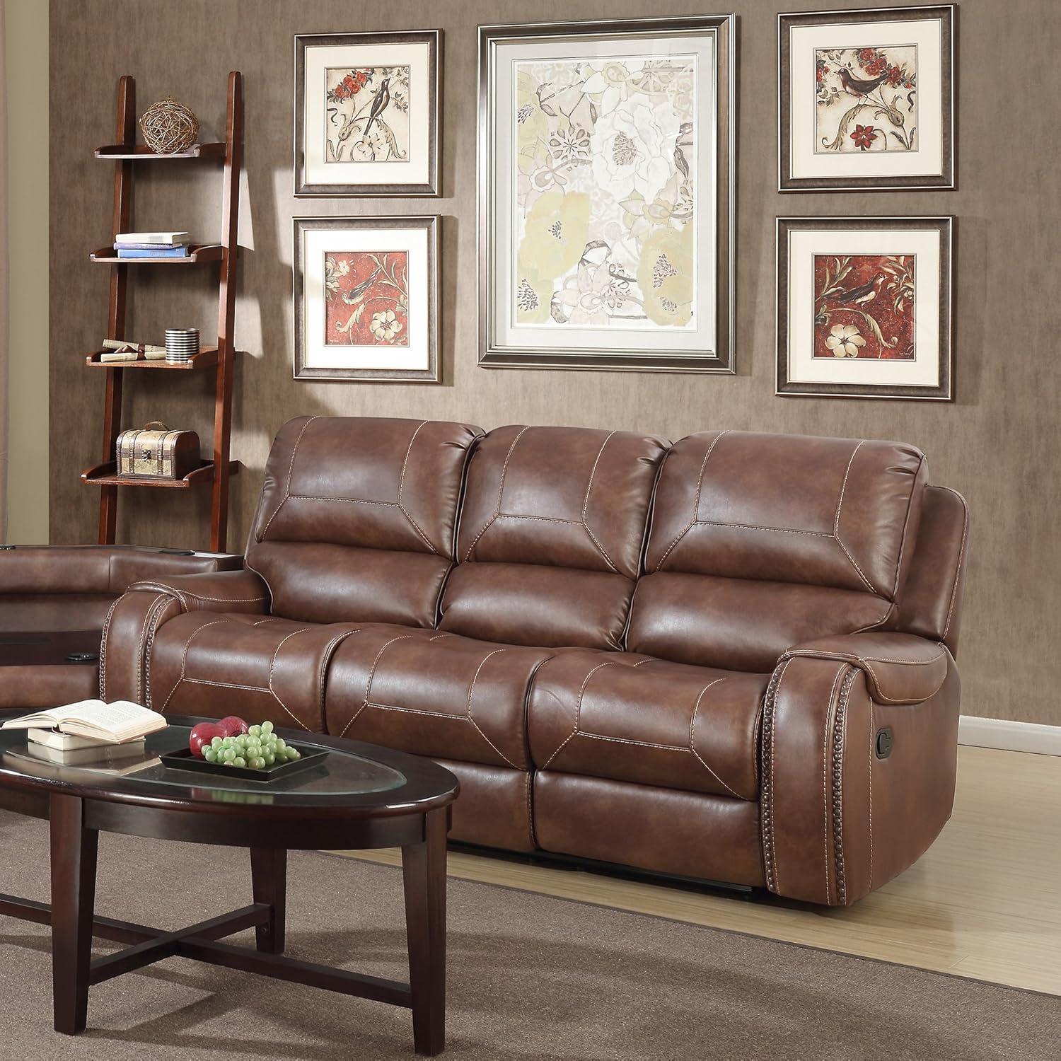 Roundhill Furniture Achern Brown Leather Nailhead Manual Reclining Sofa with Storage Console and USB Port