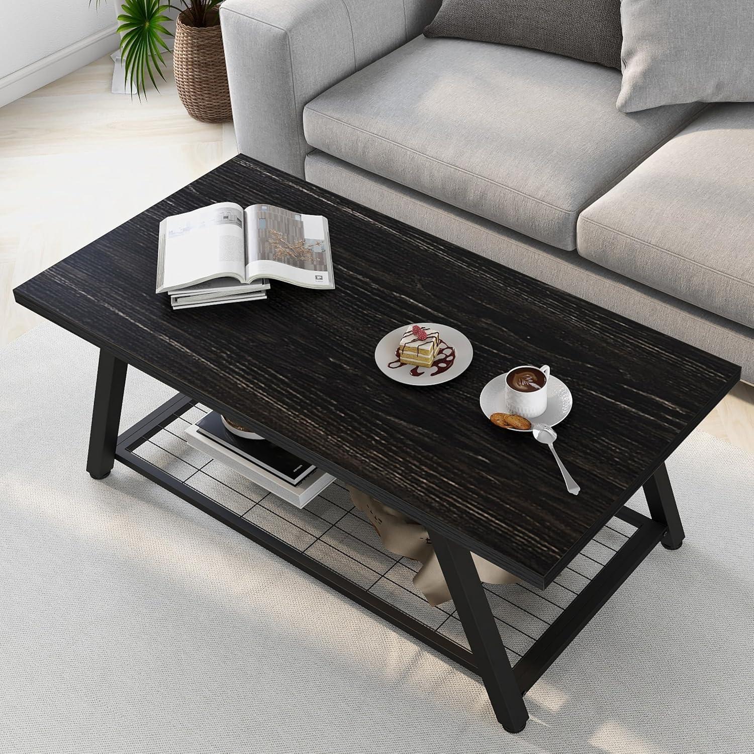 Charcoal Black 2-Tier Industrial Wood and Metal Coffee Table