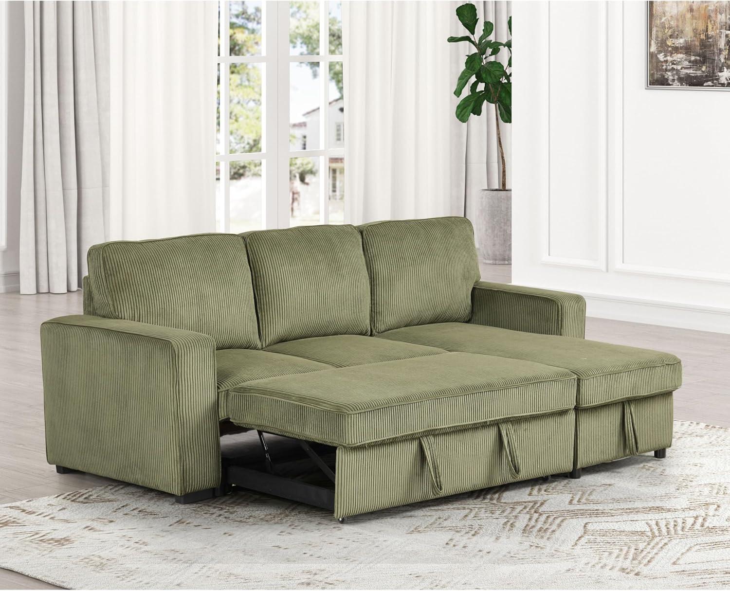HOMES: Inside + Out Paeke Sleeper Sectional Sofa Corduroy with Storage Chaise and Reversible Green