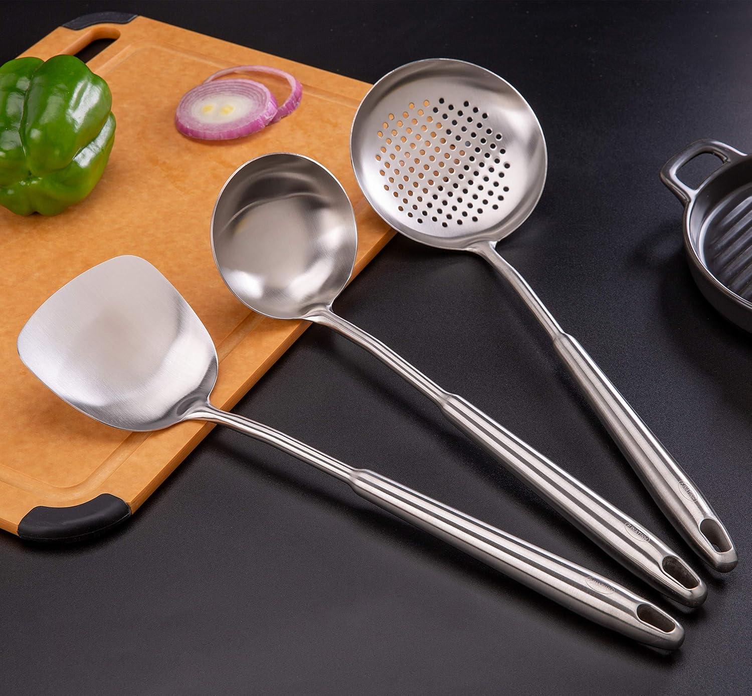 Stainless Steel Wok Spatula, Ladle, and Skimmer Set