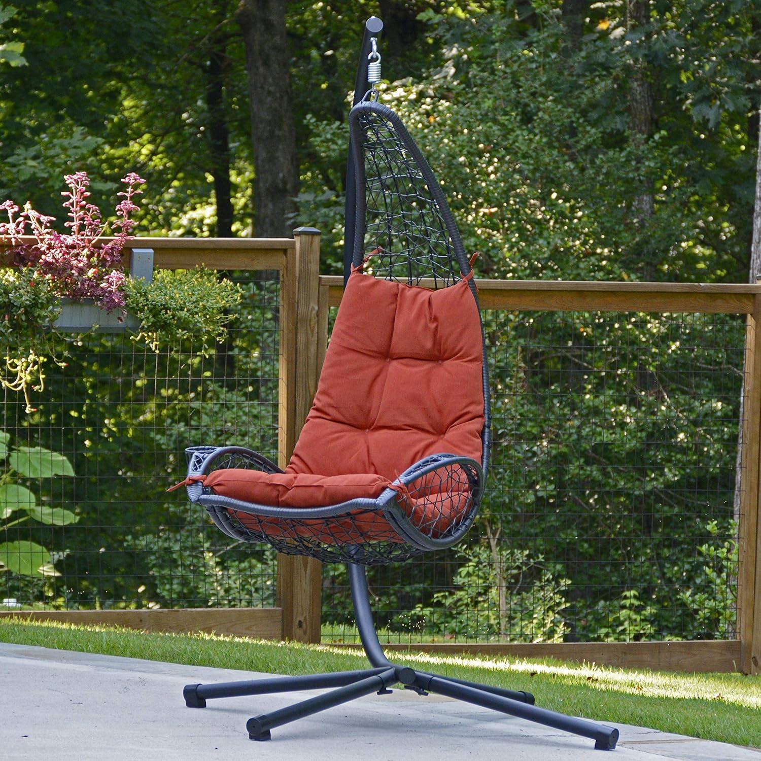 Cushioned Rattan Wicker Hanging Chair with Stand - Terra Cotta - Algoma: Outdoor Patio Furniture, UV Resistant