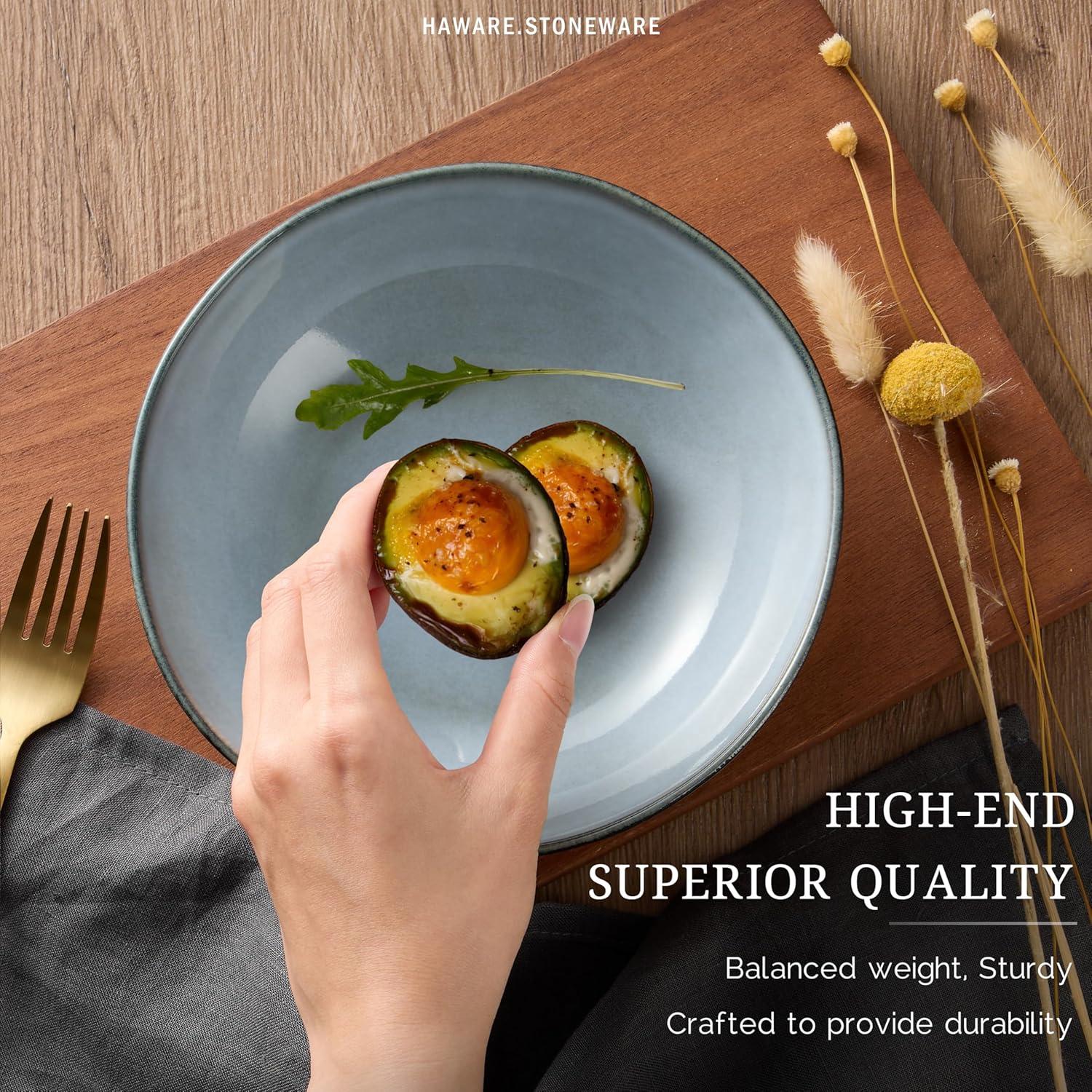 HaWare Dish Set for 4, 12-Piece Stoneware Dinnerware Sets, Round Plates and Bowls Set, Ceramic Dishware for Home Restaurant, Crack and Scratch Resistant, Microwave and Oven Safe, Reactive Foggy Blue