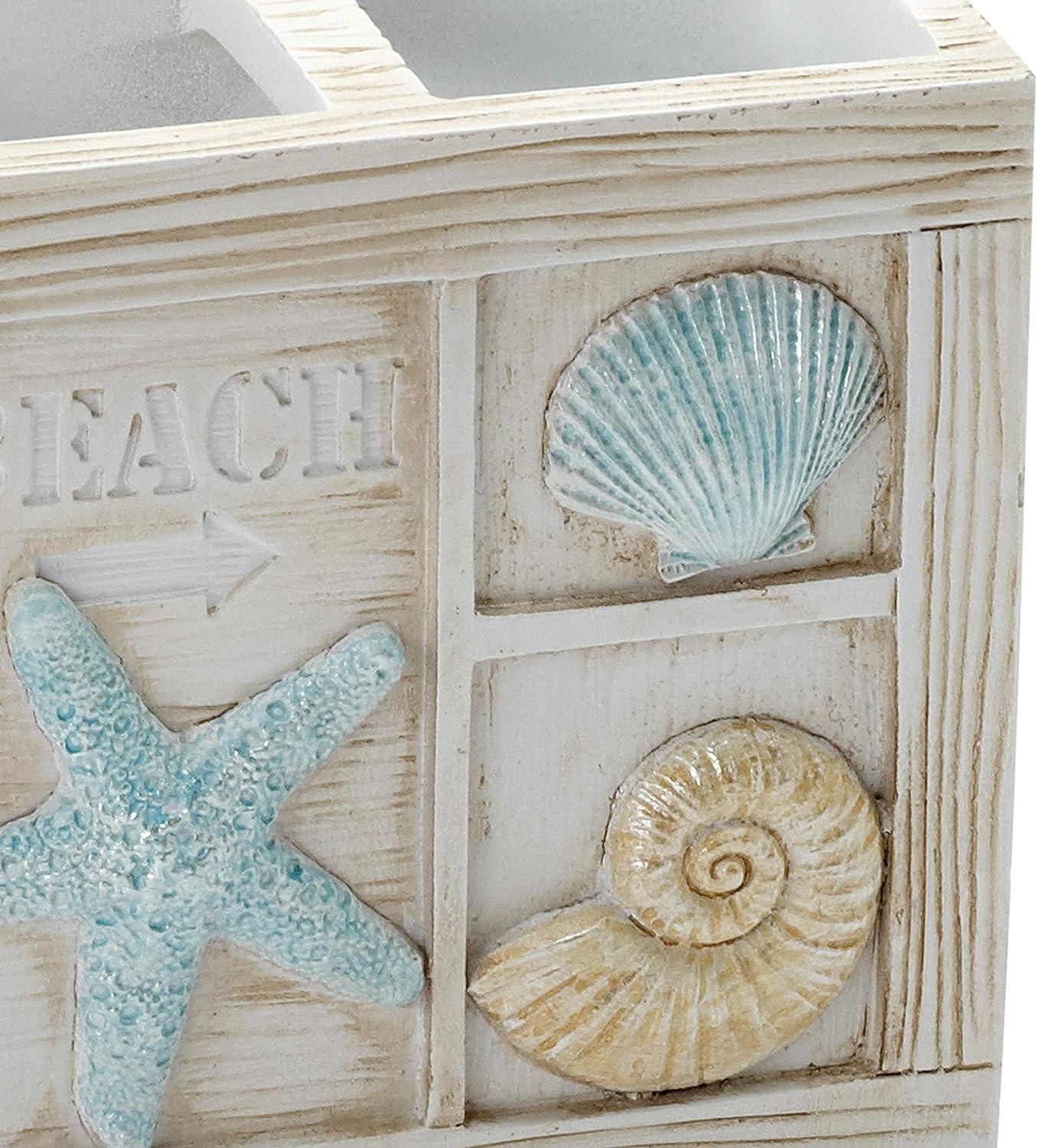 Zenna Home Seaside Serenity Bathroom Toothbrush Holder with Carved Resin Design, Holds Up to 4 Brushes, Electric Toothbrush Holder for Bathroom Decor with Hand-Painted Shells, Teal/Ivory