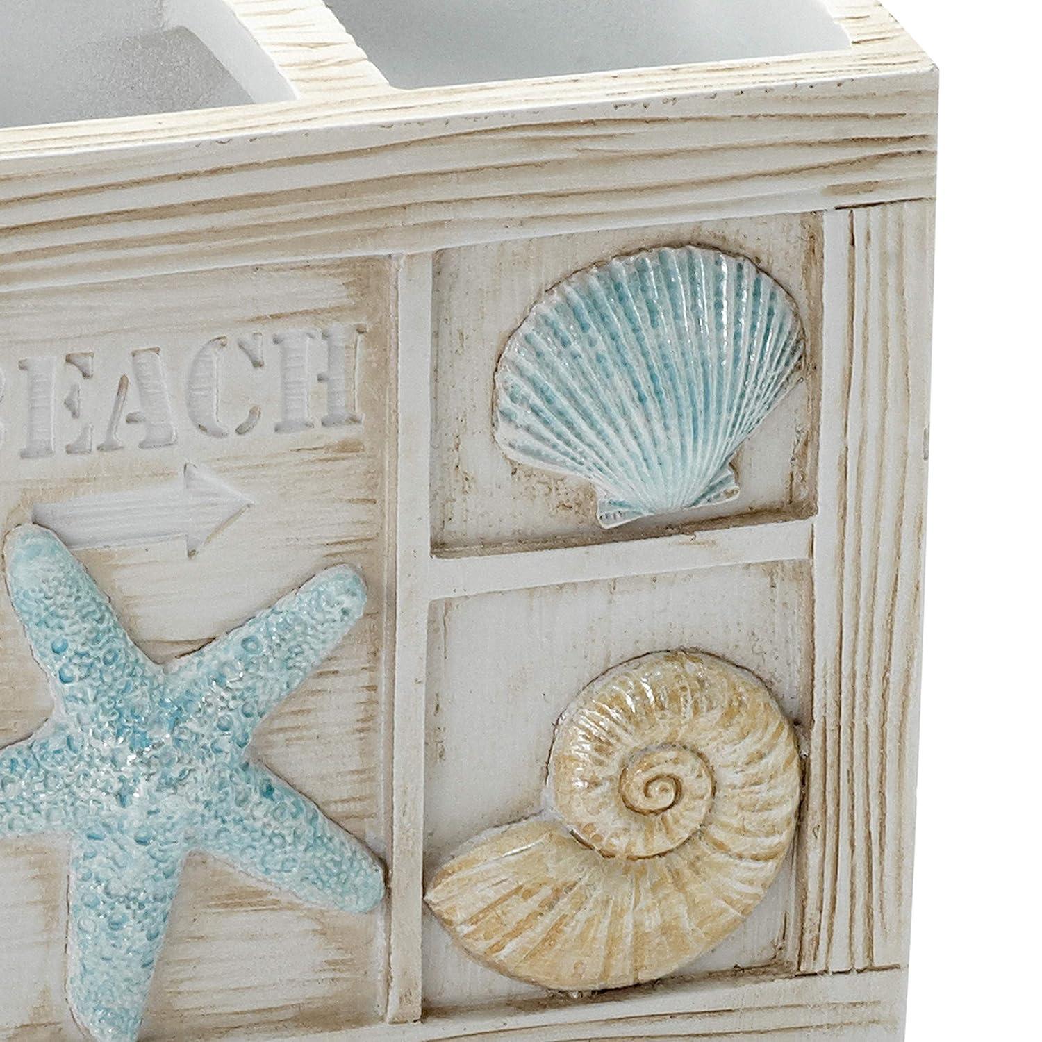 Zenna Home Seaside Serenity Bathroom Toothbrush Holder with Carved Resin Design, Holds Up to 4 Brushes, Electric Toothbrush Holder for Bathroom Decor with Hand-Painted Shells, Teal/Ivory