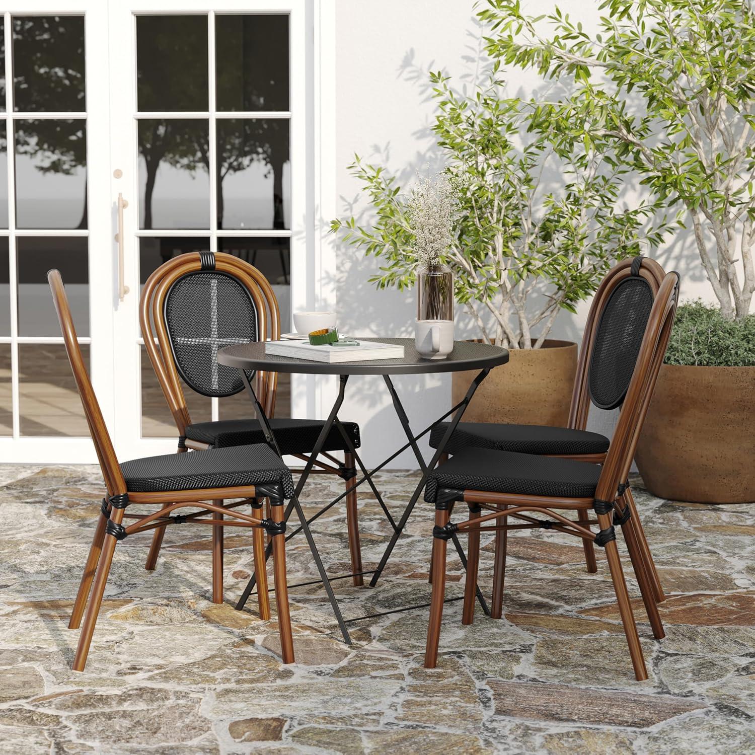 Merrick Lane Mael Set of Four Stacking Thonet Bistro Style Chair with Arms, Black & White Textilene Seat, & Bamboo Metal Frame for Indoor/Outdoor Use