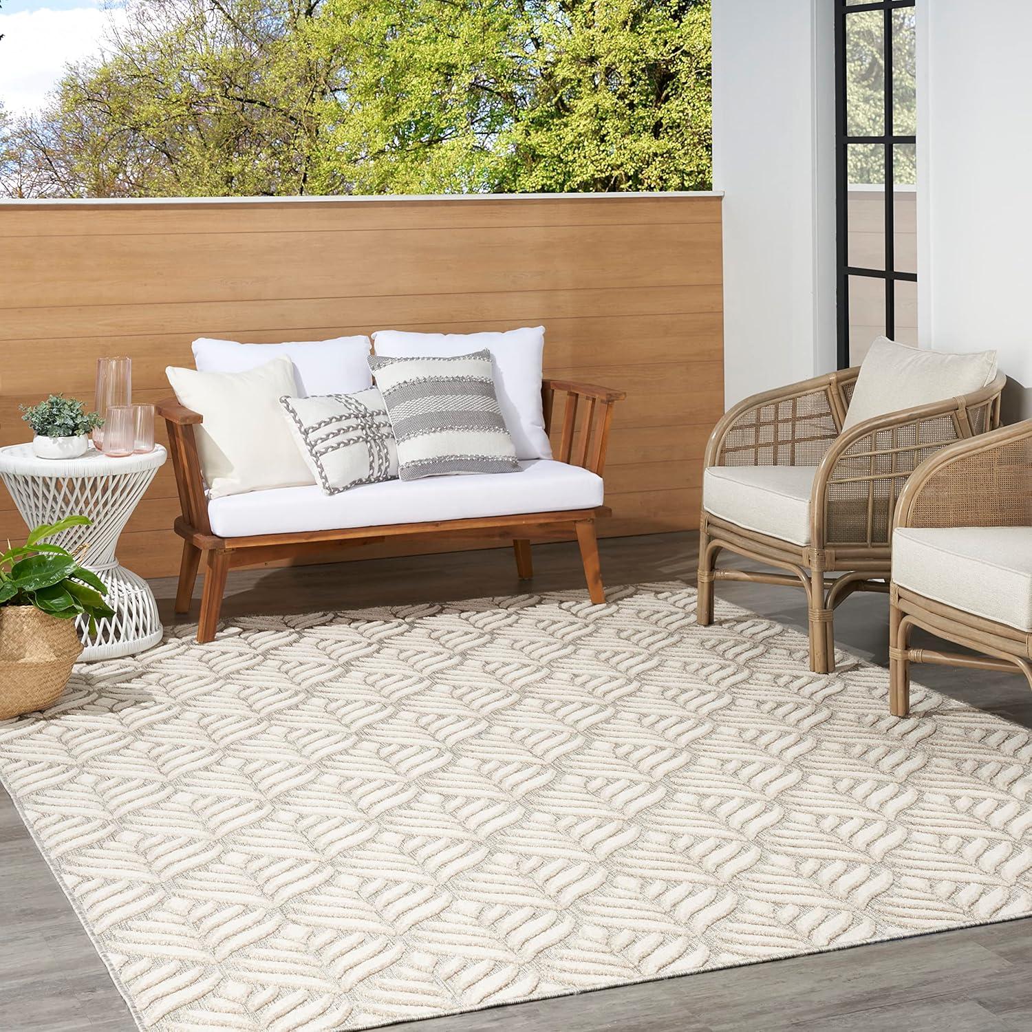 Nourison Aloha Tropical Palm Flatweave High-Low Indoor Outdoor Area Rug Ivory Grey 5'3" x 7'5"