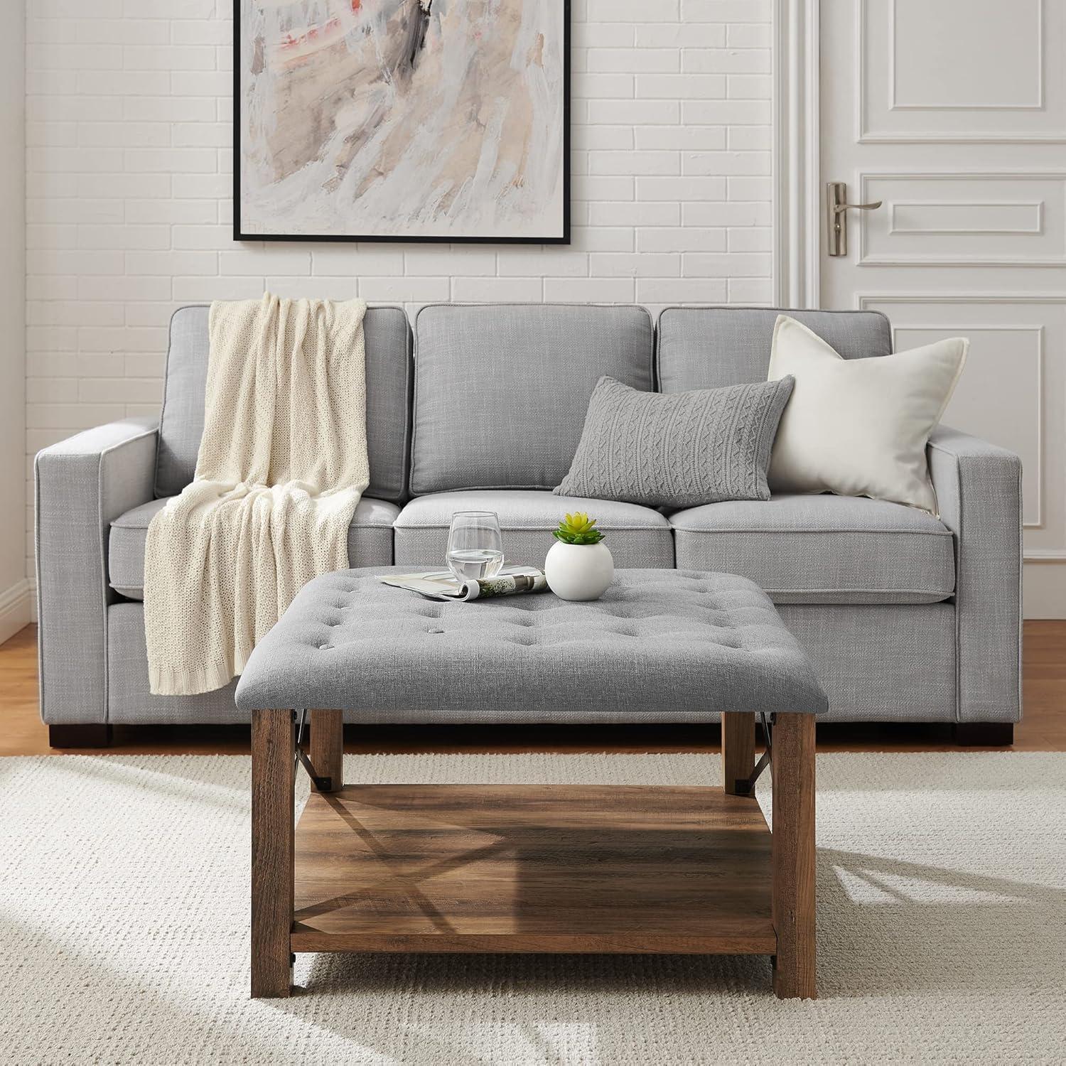 Walker Edison Marcus 30" Square Tufted Fabric Upholstered Ottoman in Gray
