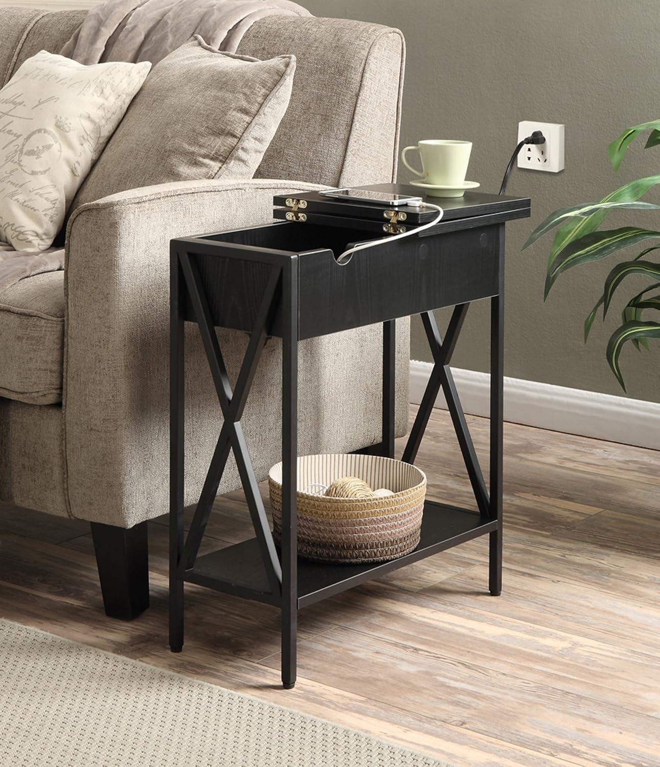 Tucson Black Wood and Metal Flip-Top End Table with Charging Station