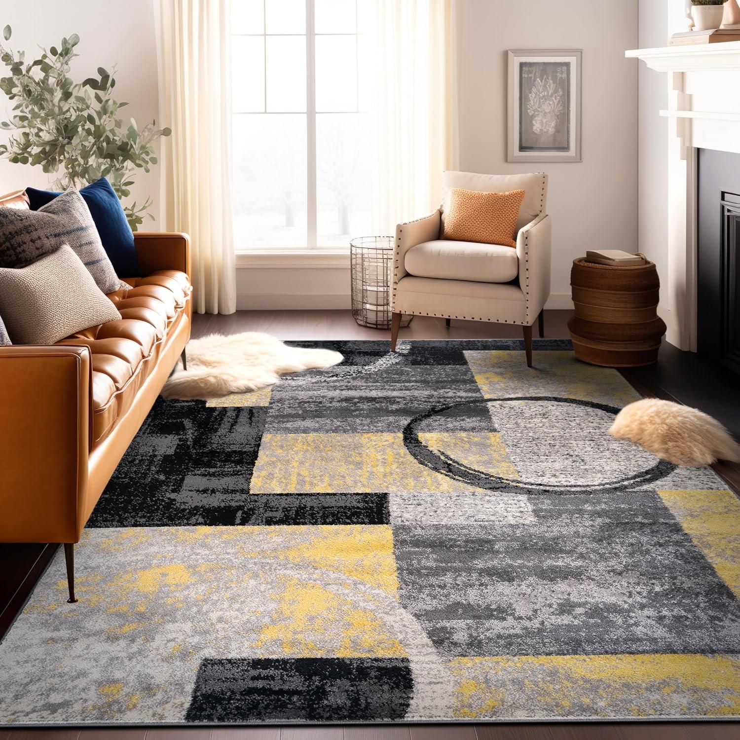 Yellow and Gray Abstract Geometric Area Rug, 7'10" x 10'2"