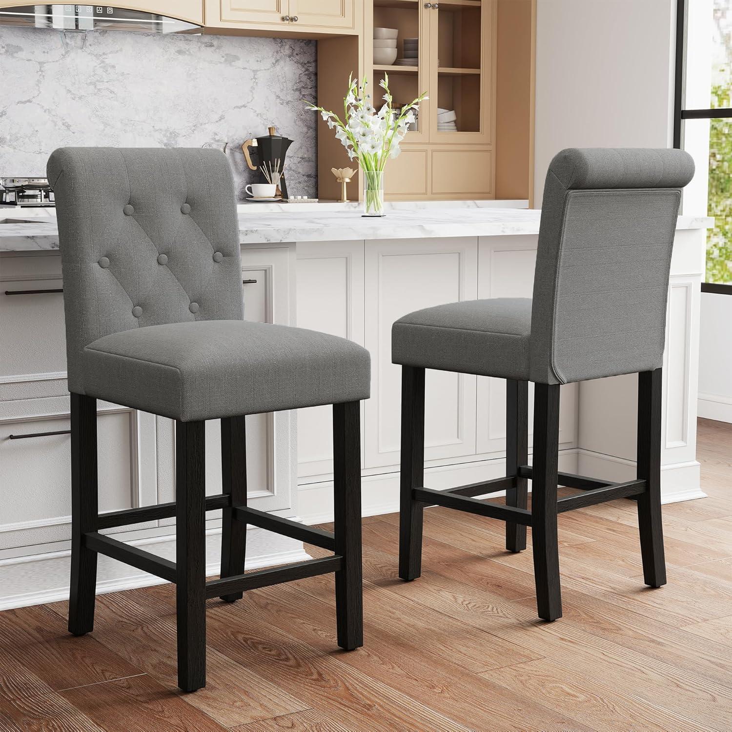 Drevy Bar Stools Set of 2, 24 inch Fabric Counter Height Bar Stools, Kitchen Island Wood Bar Chairs, Solid Wood Legs Barstools, Grey