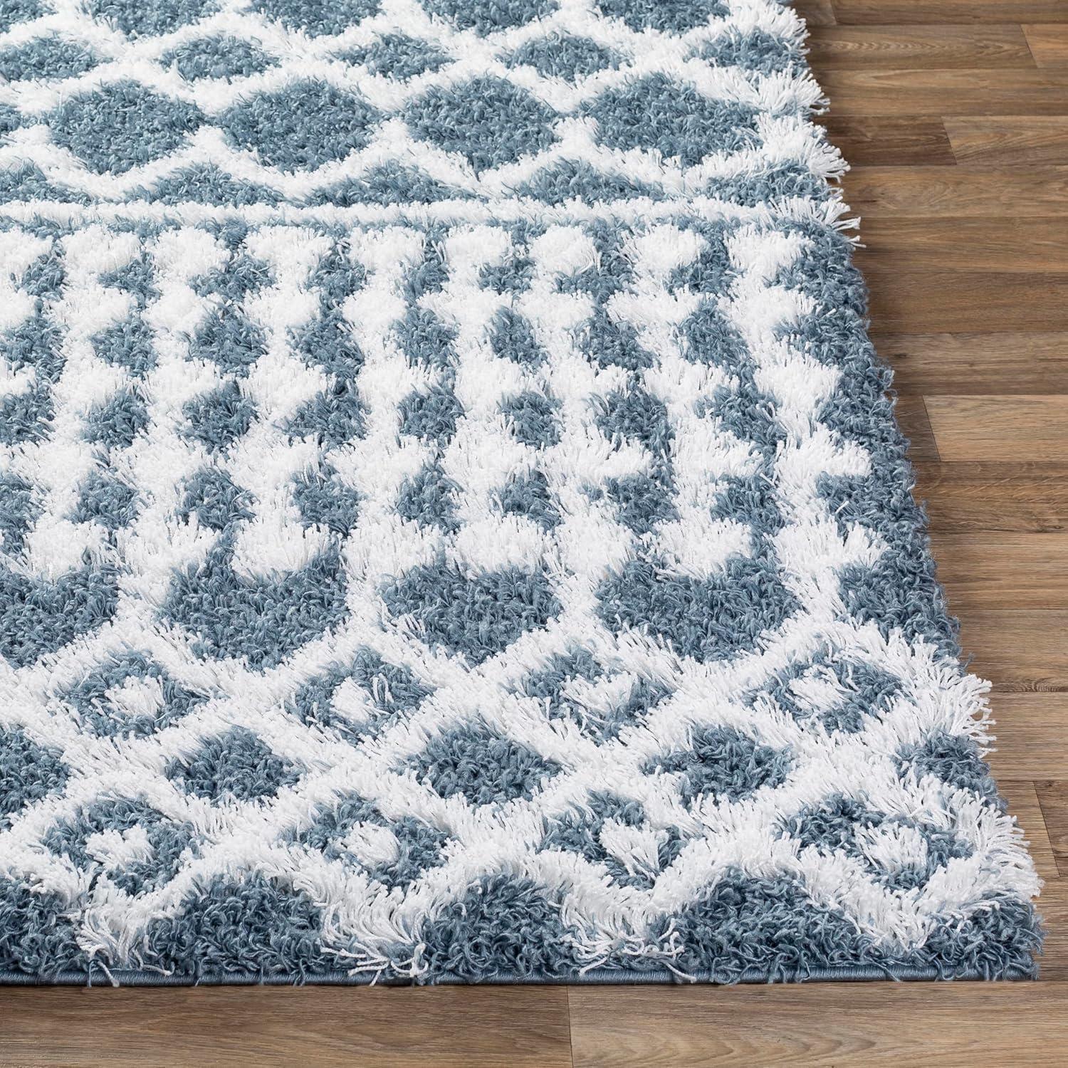 Blue Trellis Rectangular Stain-Resistant Shag Rug, 2' x 2'11"