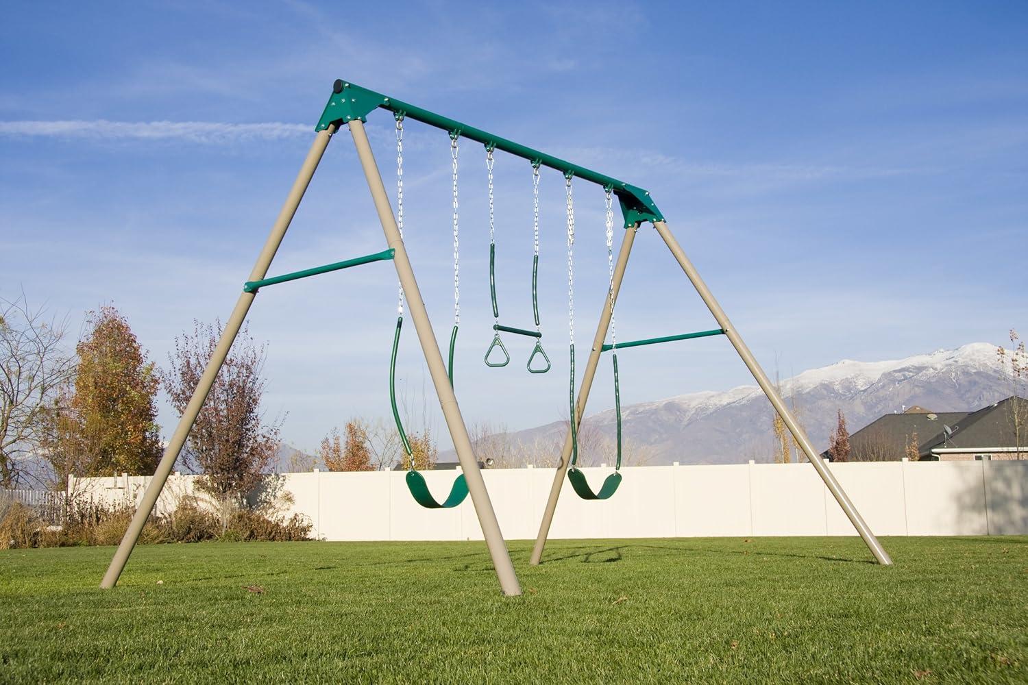 Heavy Duty Green and Silver Metal Swing Set with Trapeze