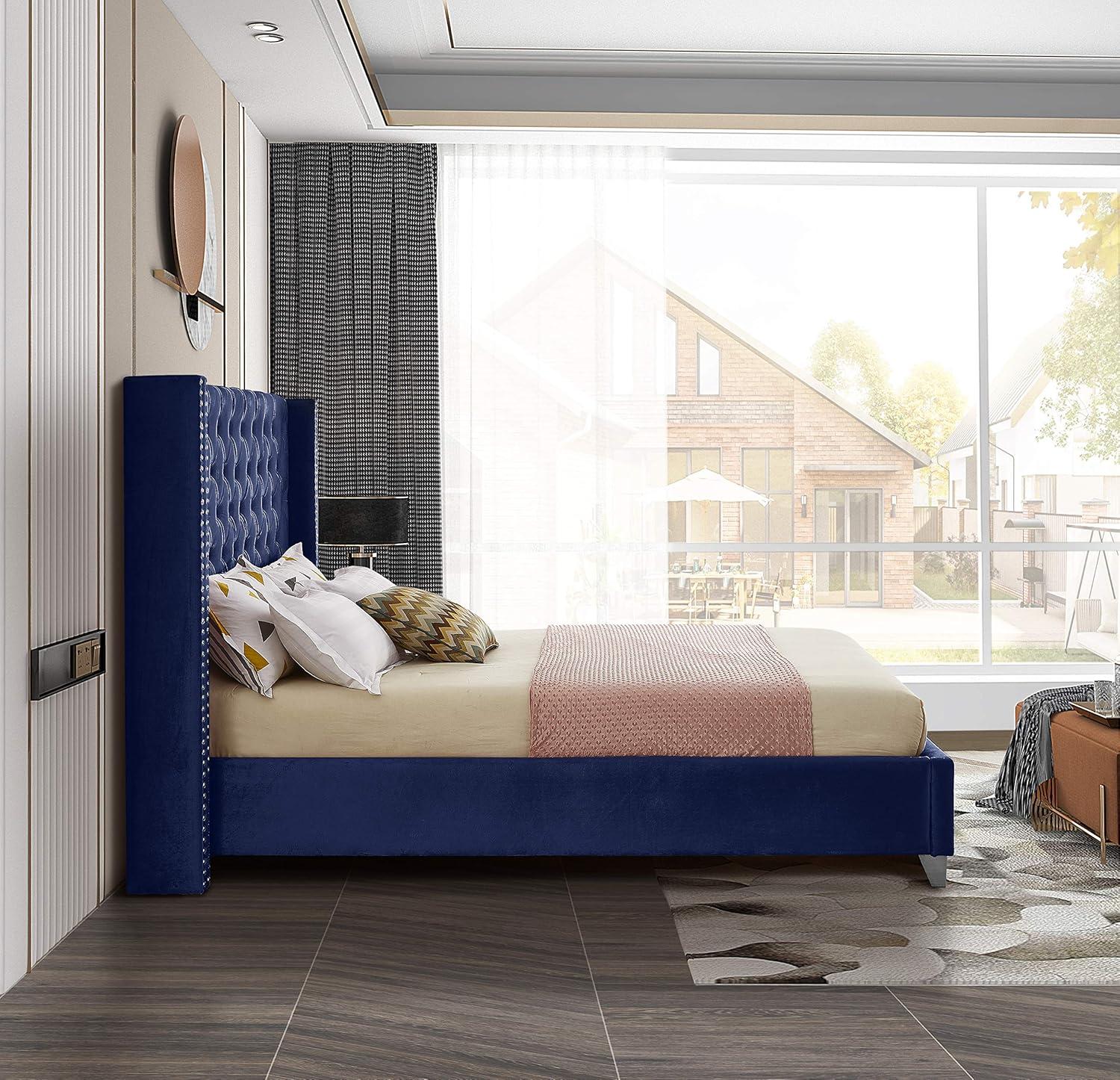 Meridian Furniture Aiden Velvet Queen Bed-Color:Navy Velvet,Style:Contemporary