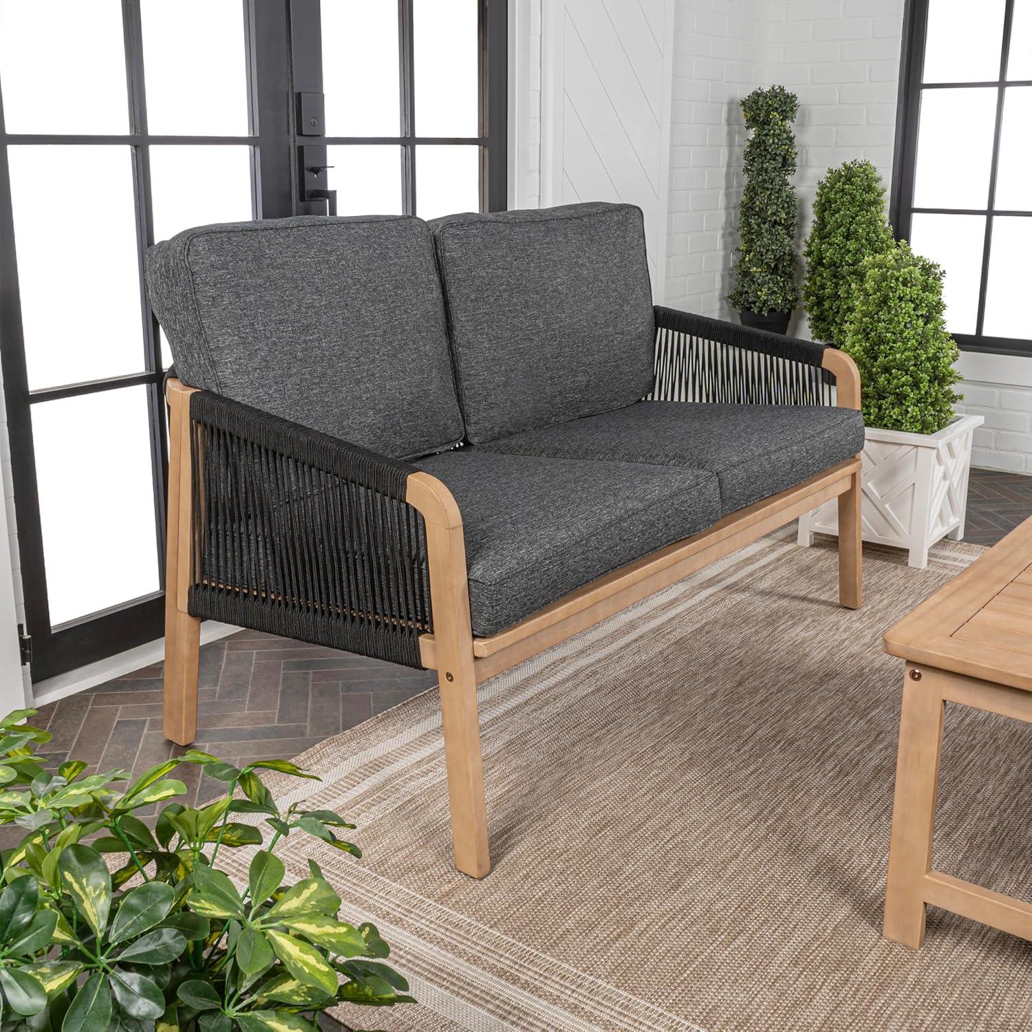 Dark Gray and Light Teak Wood Outdoor Loveseat with Cushions