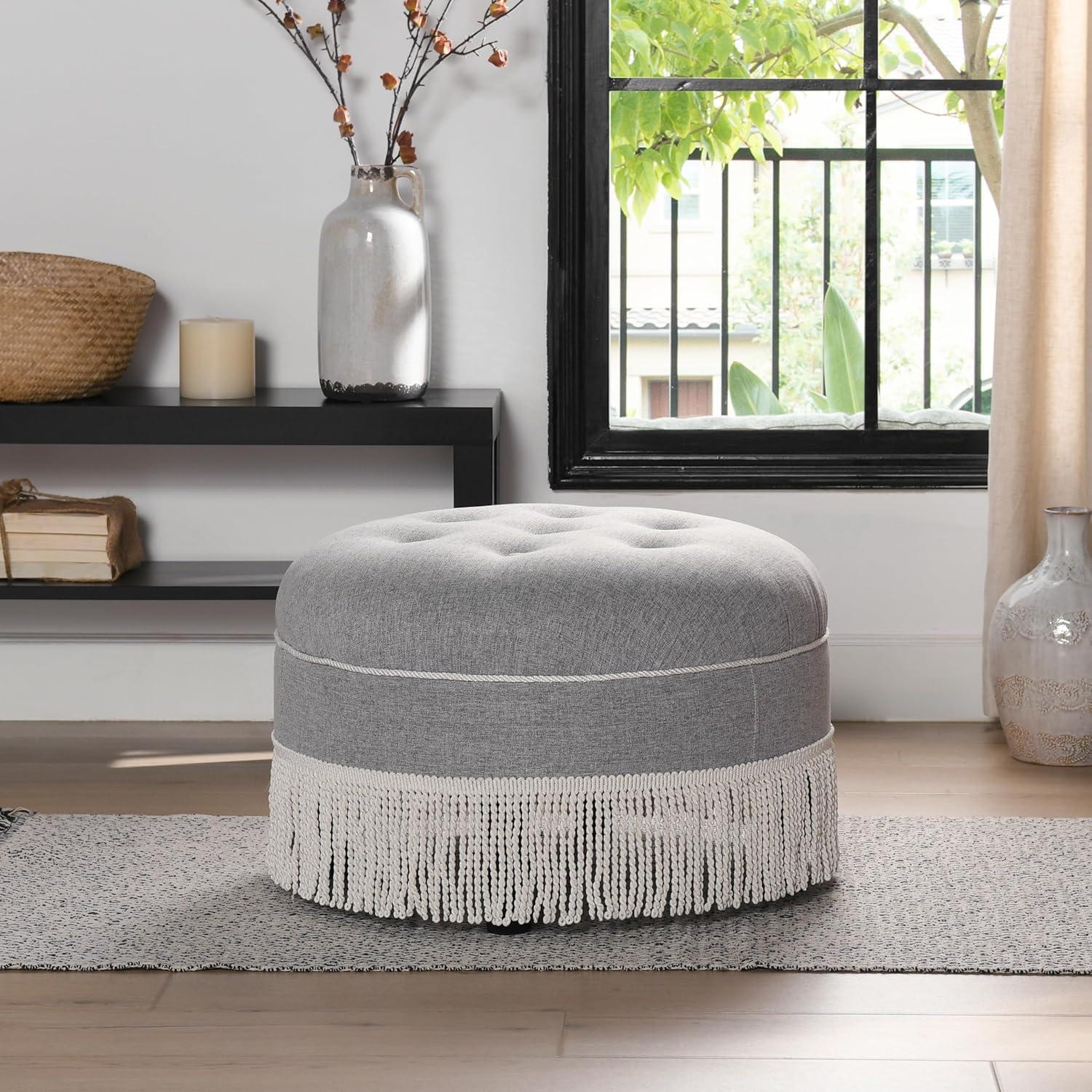 Yolanda Vintage Light Gray Tufted Round Ottoman with Ivory Tassels