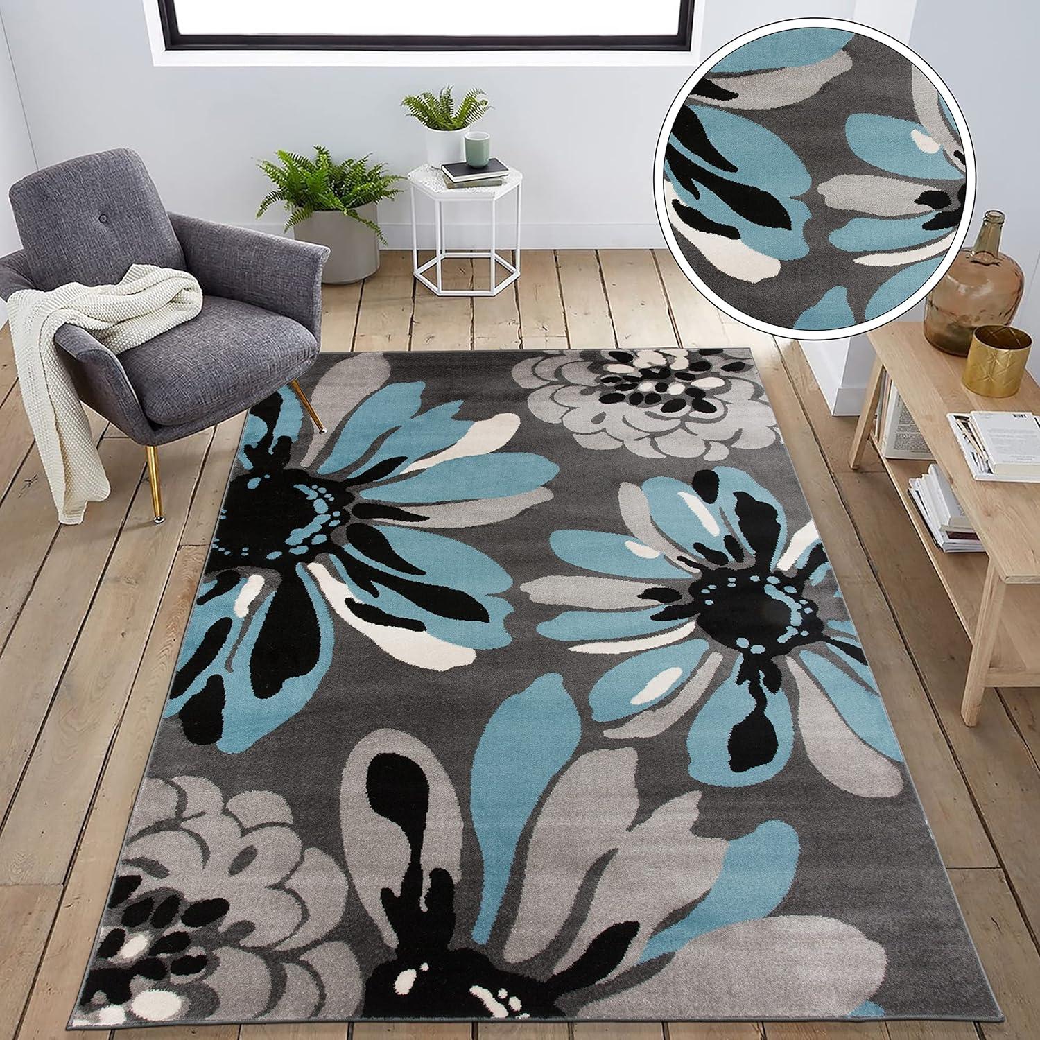 World Rug Gallery Contemporary Modern Flowers Area Rug - Blue 3'3" x 5': Stain-Resistant, Low Pile, Floral Pattern