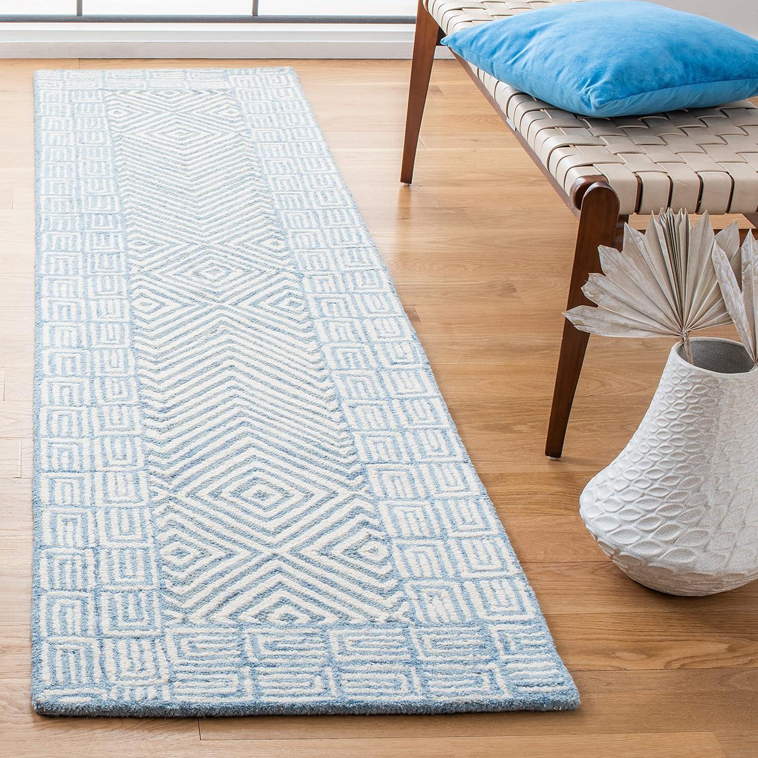 Light Blue and Ivory Wool Geometric Runner Rug