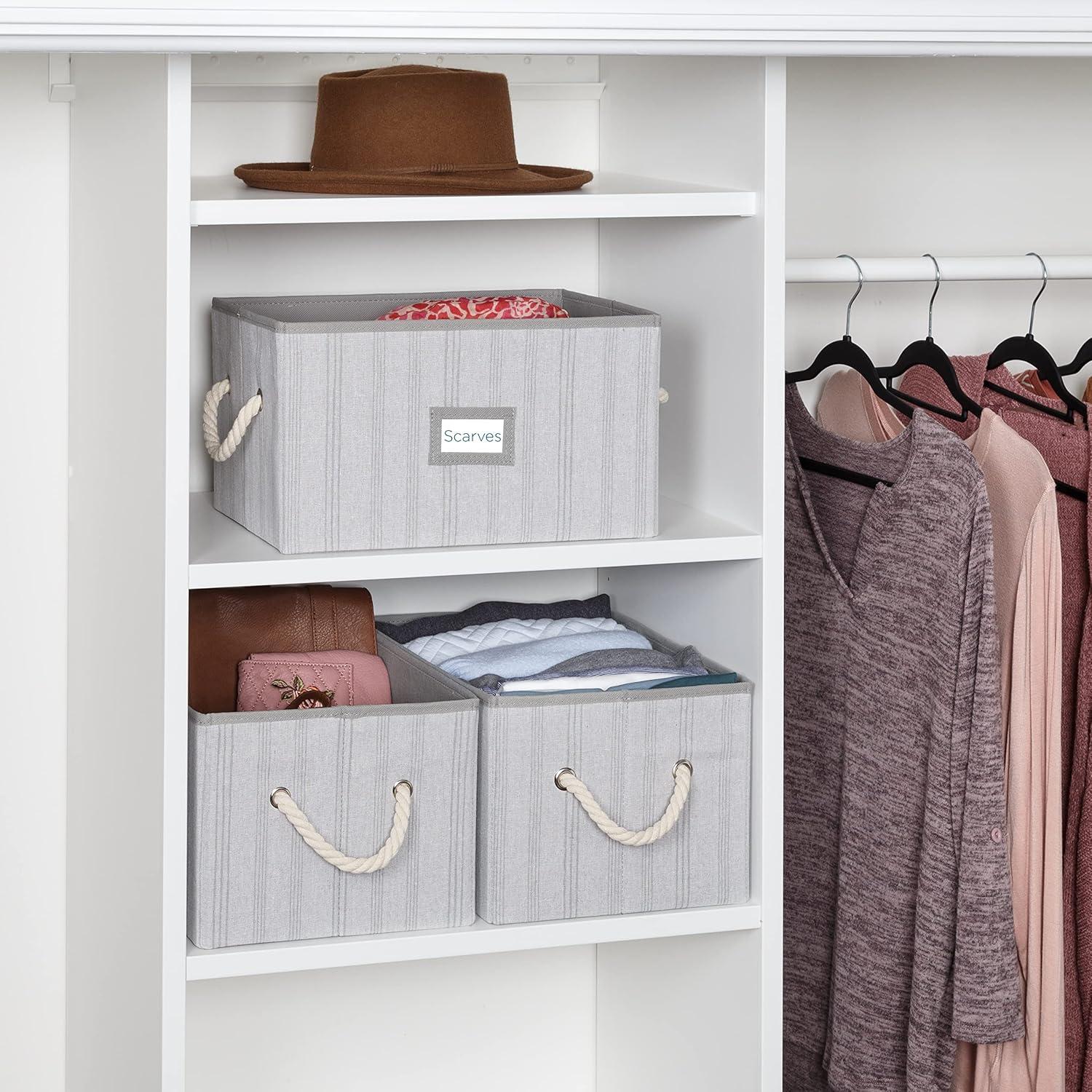 Honey-Can-Do Set of 3 Folding Large Fabric Storage Bins with Handles, Gray Stripes