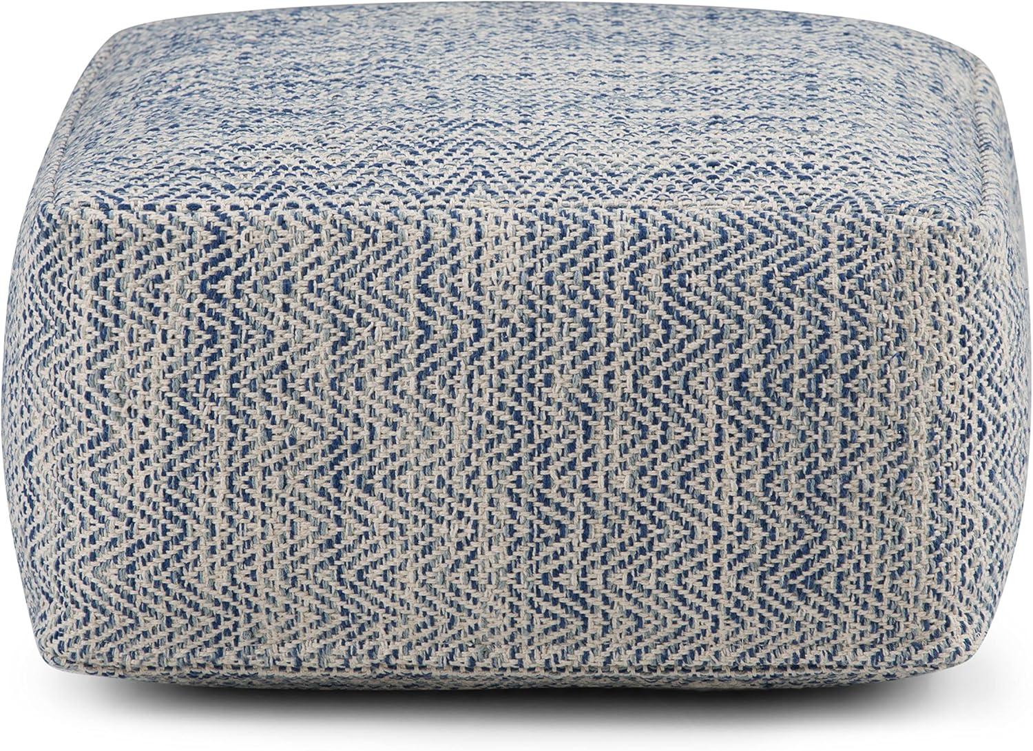 Simpli Home Nate Square Pouf in Patterned Denim Melange Cotton