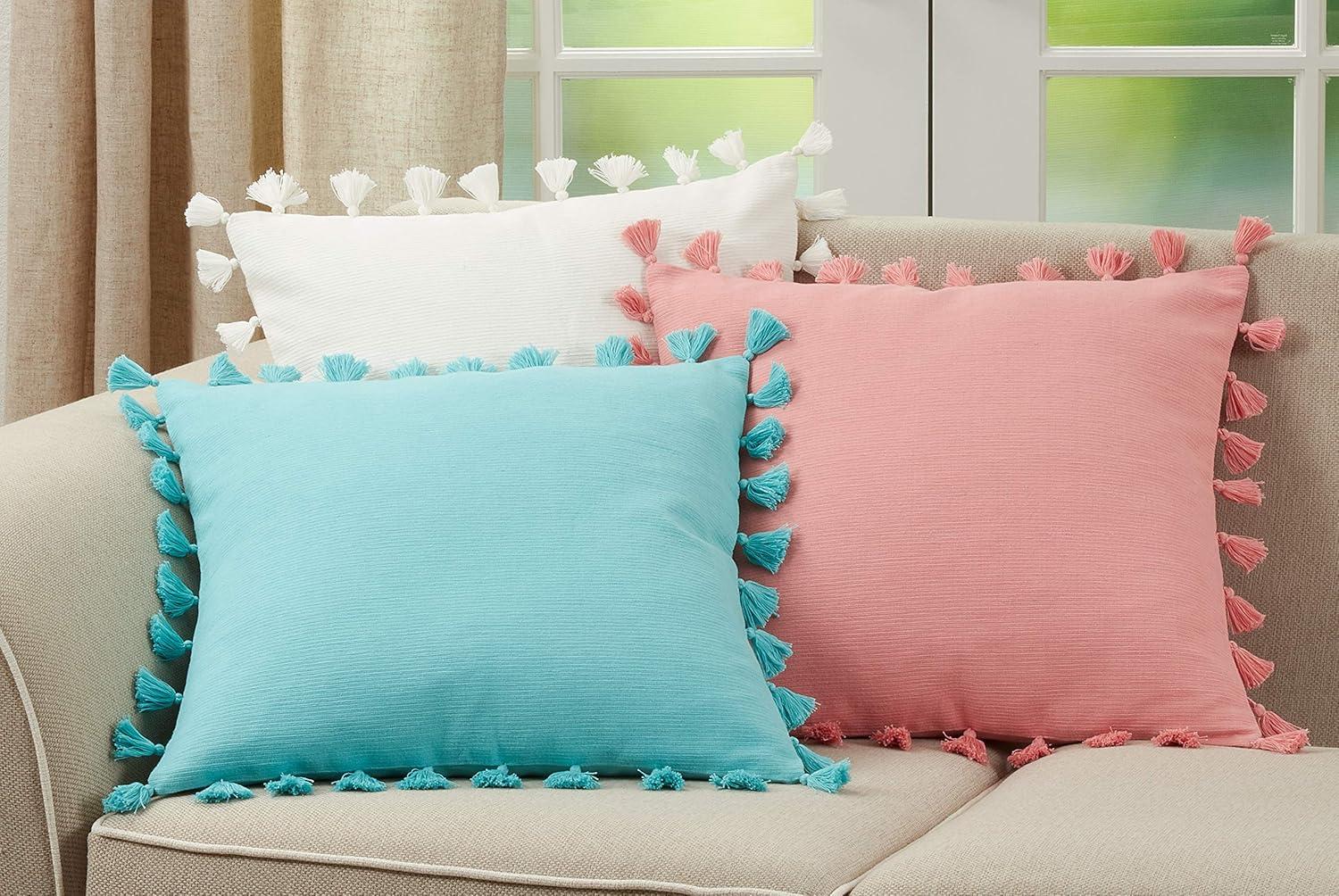 White Cotton Tassel Trim Square Throw Pillow