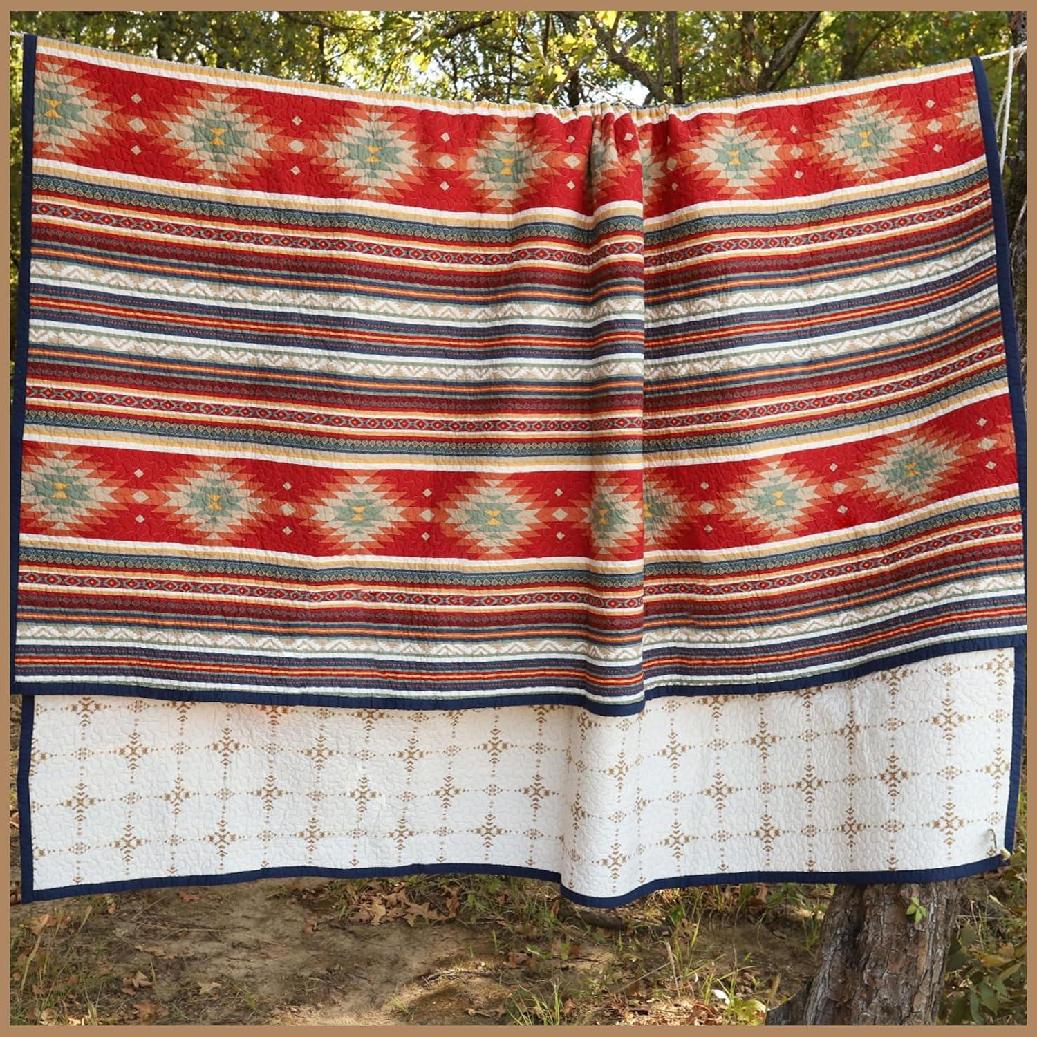 Paseo Road by HiEnd Accents Del Sol Red/Orange/Tan Aztec Print Cotton Southwestern Style Reversible Quilt Set