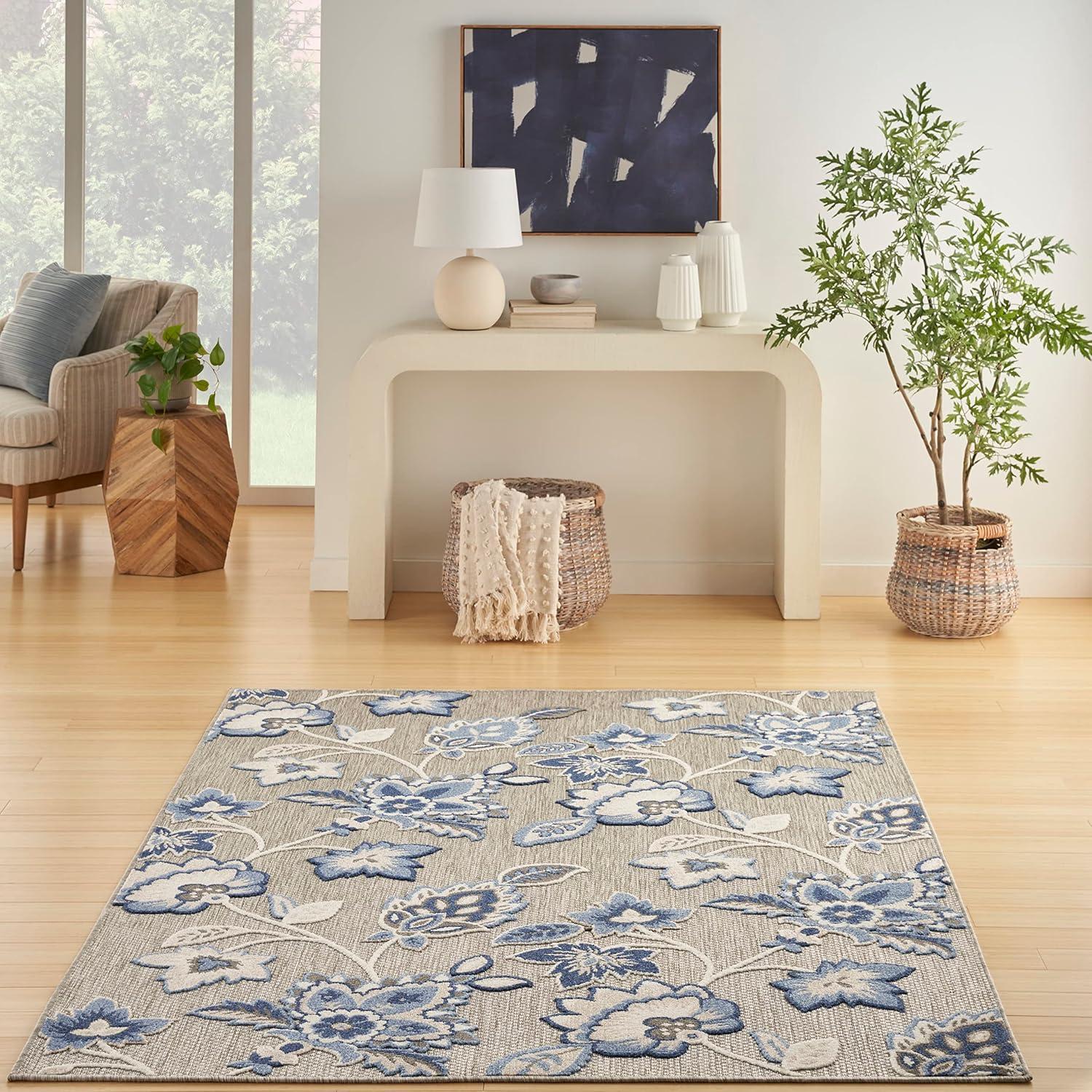 Nourison Aloha Floral Farmhouse Flatweave High-Low Indoor Outdoor Area Rug Blue Grey 7'10" x 10'6"