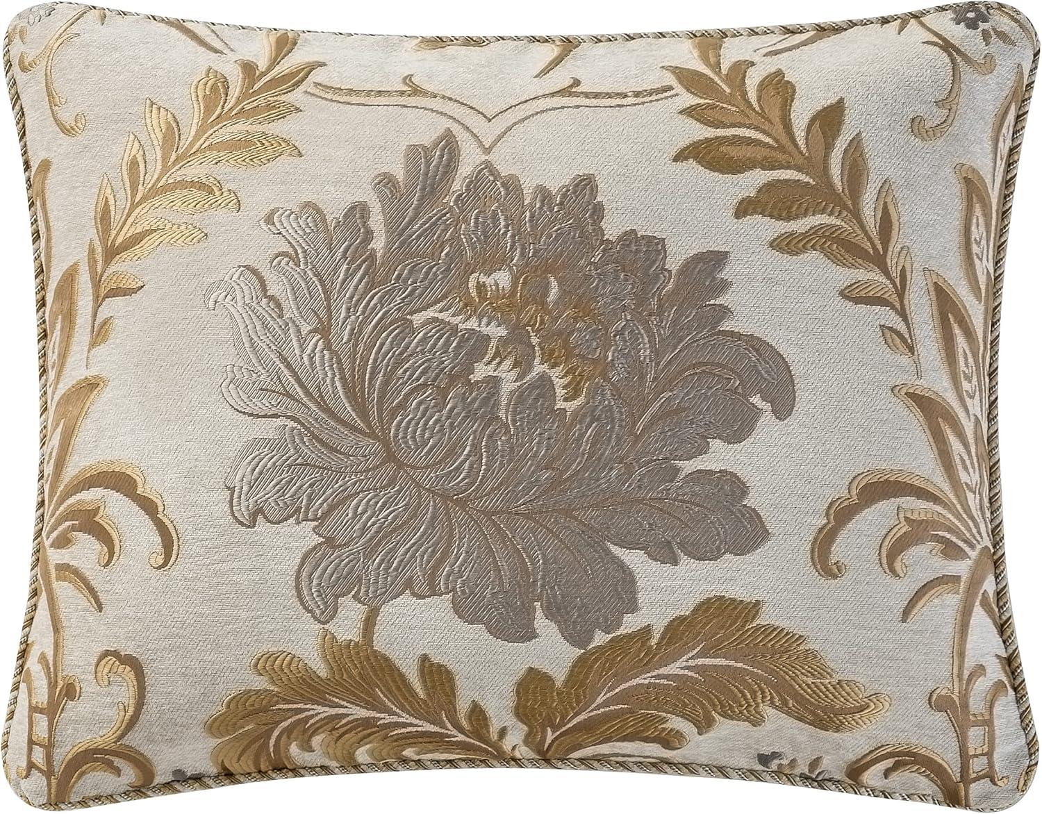 Ivory and Gold Damask Queen Comforter Set with Fringe Trim