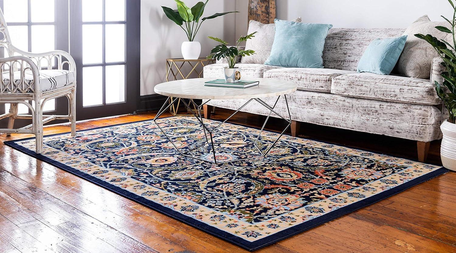 Unique Loom Cape Cod Espahan Rug Navy Blue/Black 6' 1" x 9' Rectangle Floral Traditional Perfect For Living Room Bed Room Dining Room Office