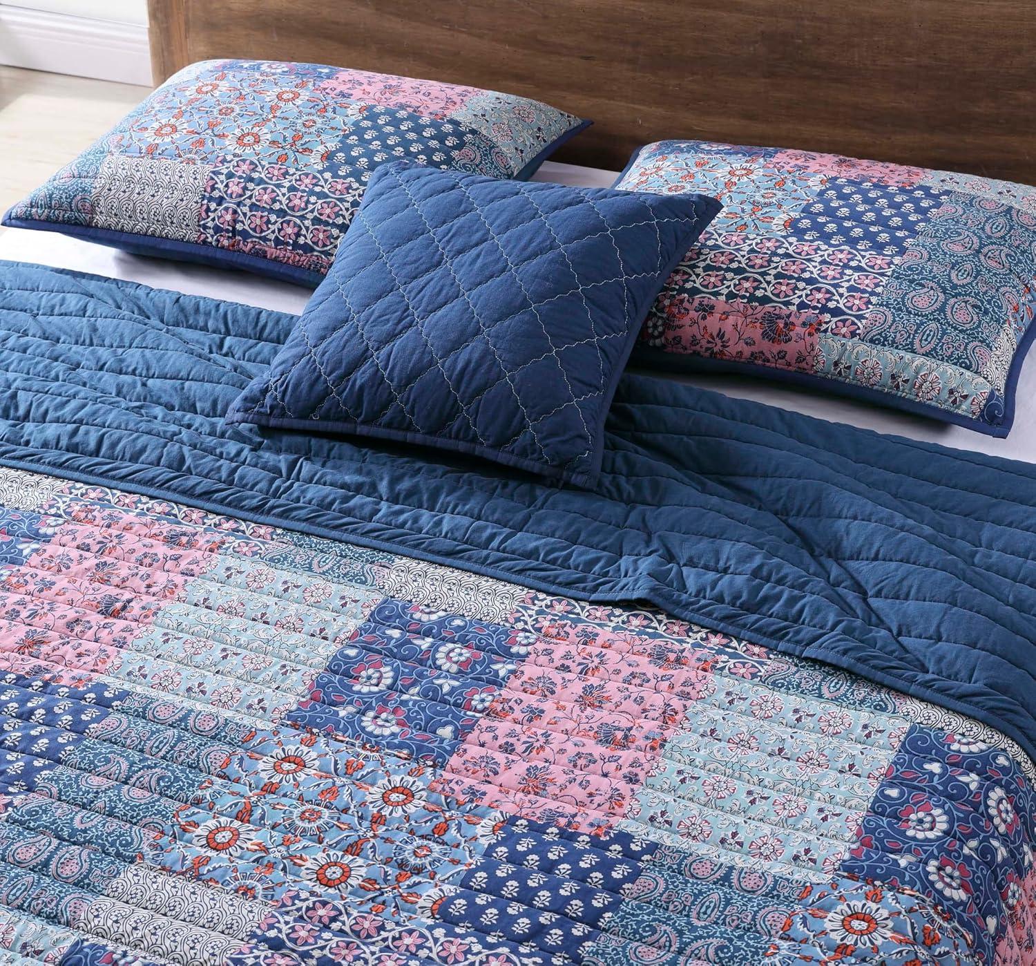 Navy Cotton Twin Reversible Patchwork Quilt Set