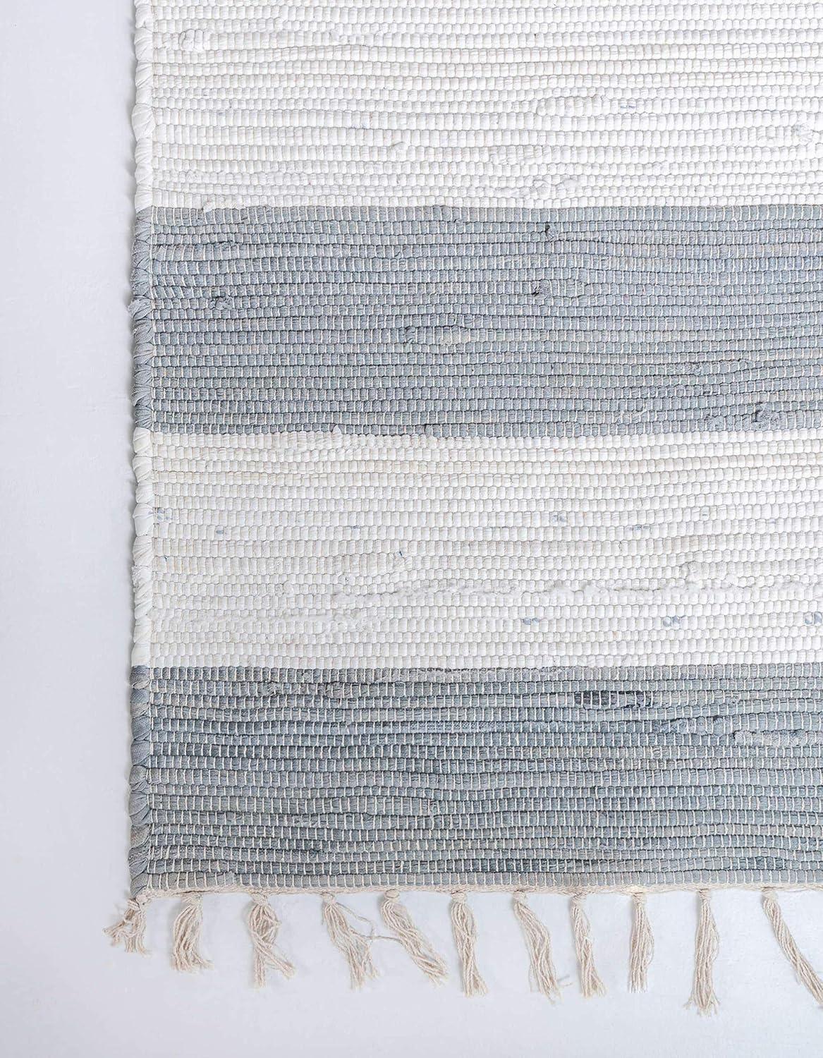 Gray and Ivory Striped Cotton Fringe Area Rug