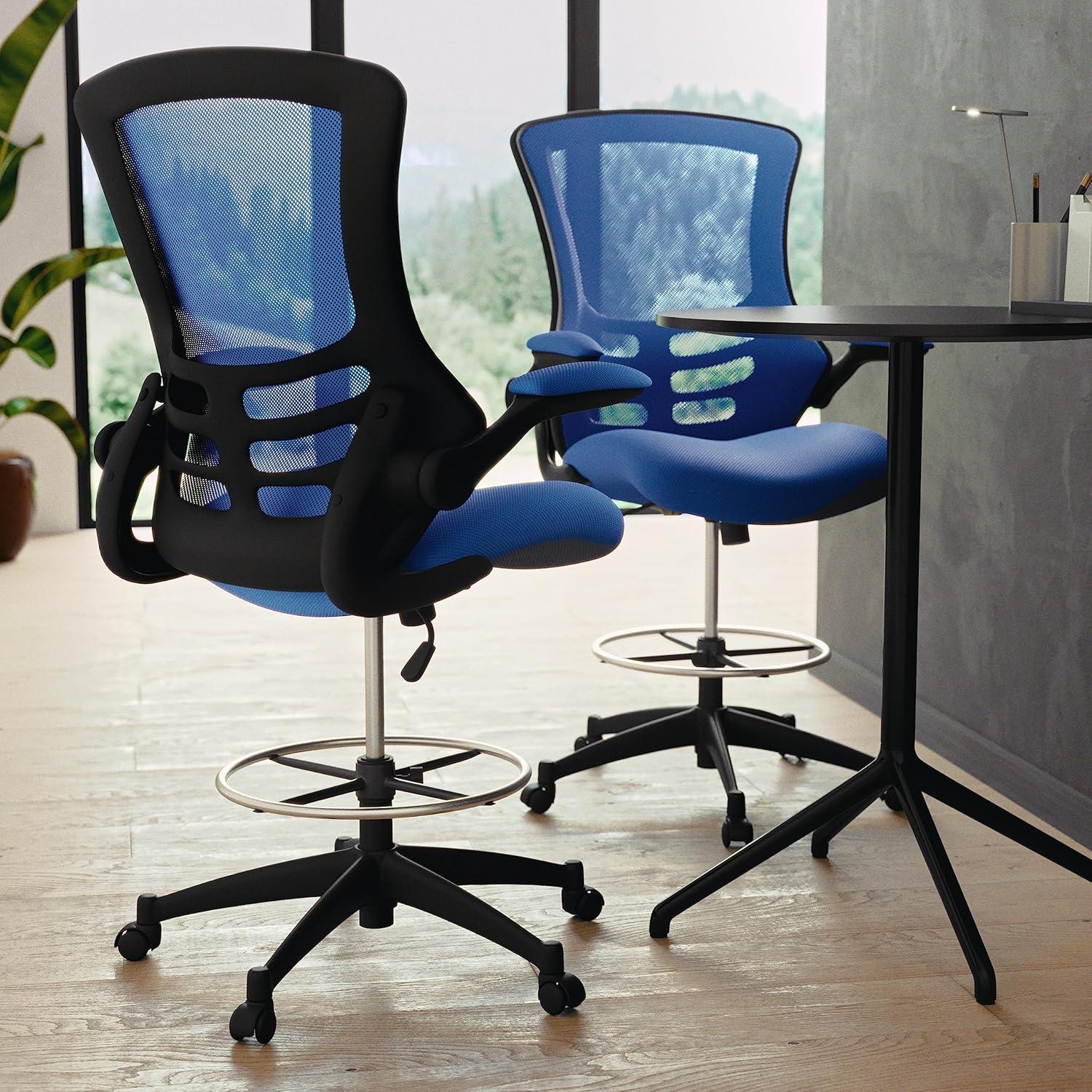 Flash Furniture Kelista Mid-Back Blue Mesh Ergonomic Drafting Chair with Adjustable Foot Ring and Flip-Up Arms