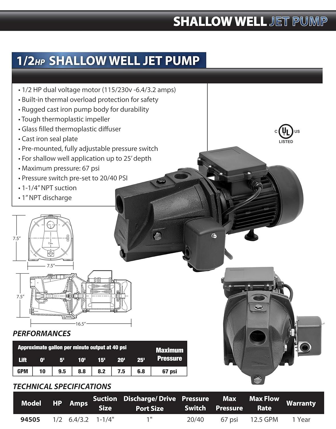 Superior Pump 1/2 HP Cast Iron Shallow Well Jet Water Pump