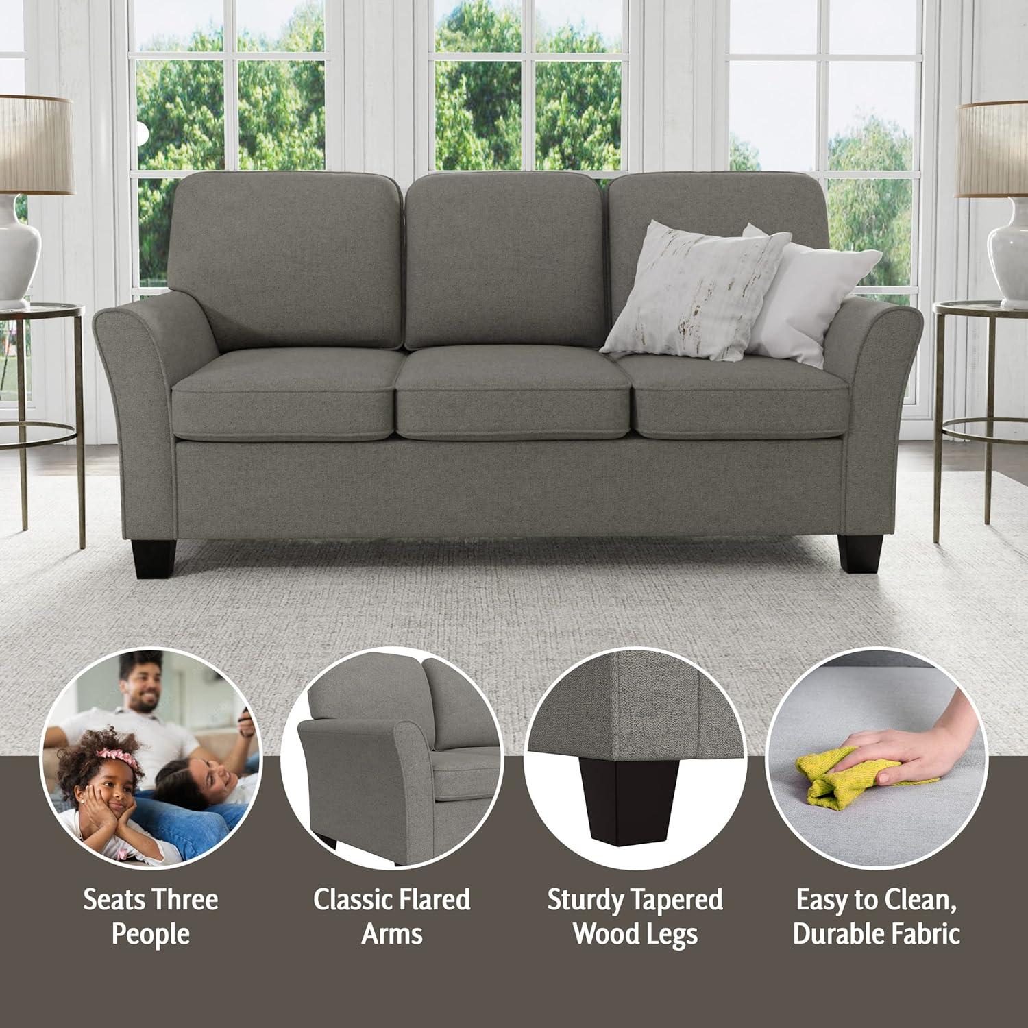 Gray Fabric Upholstered Sofa with Removable Cushions and Rolled Arms