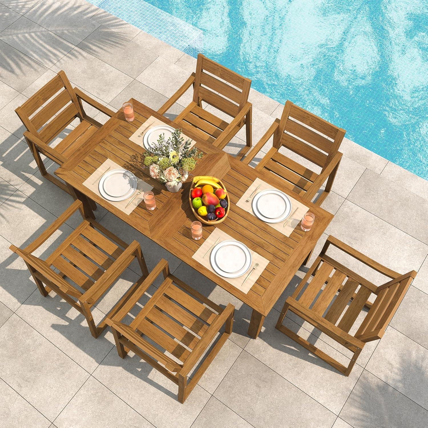7-Piece Brown Recycled Plastic HDPS Outdoor Dining Set All Weather Indoor Outdoor Patio Table and Chairs with Armrest