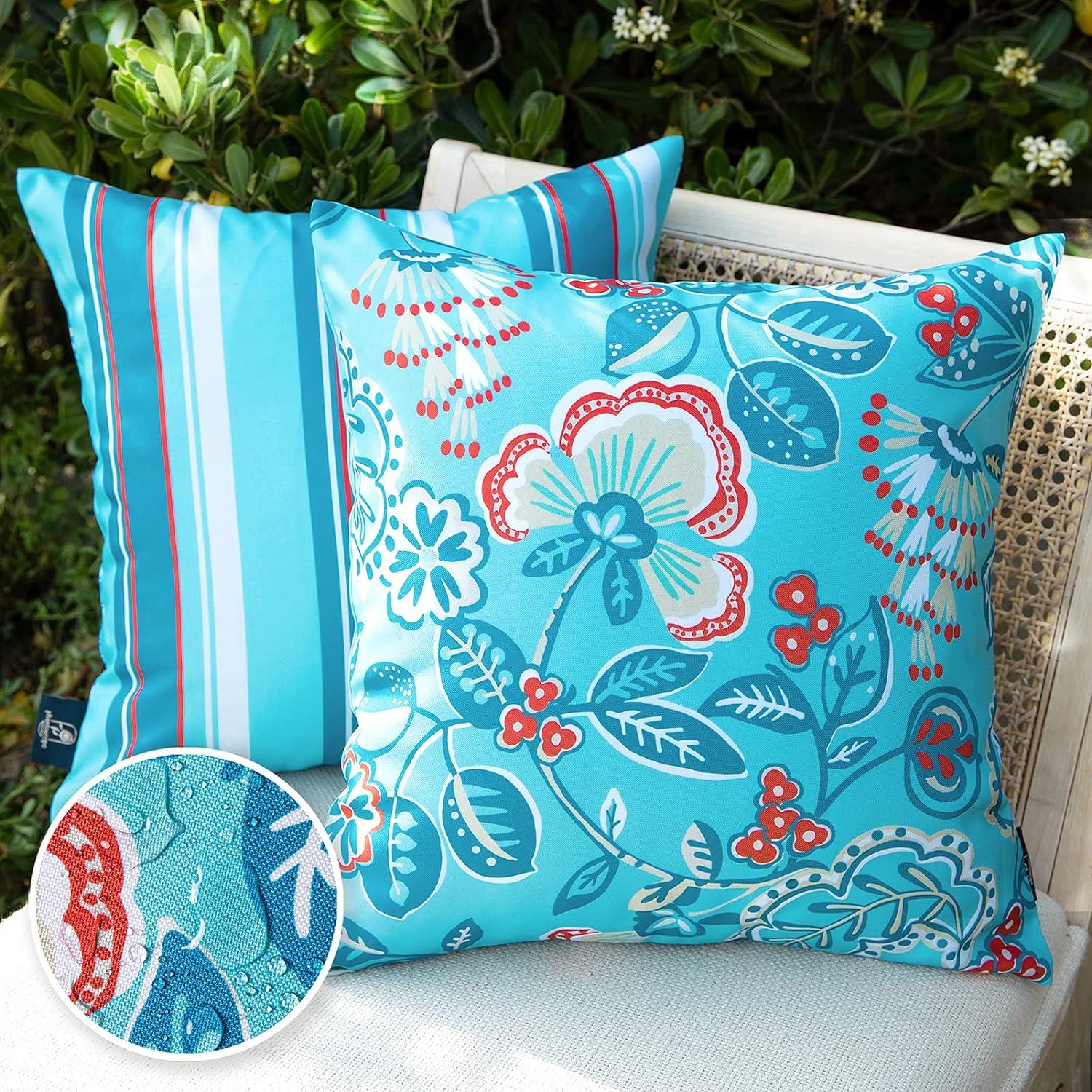 Turquoise Floral and Striped Waterproof Polyester Pillow Covers Set