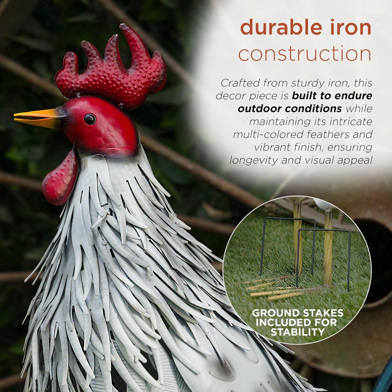 Lifelike White and Red Metal Rooster Garden Statue