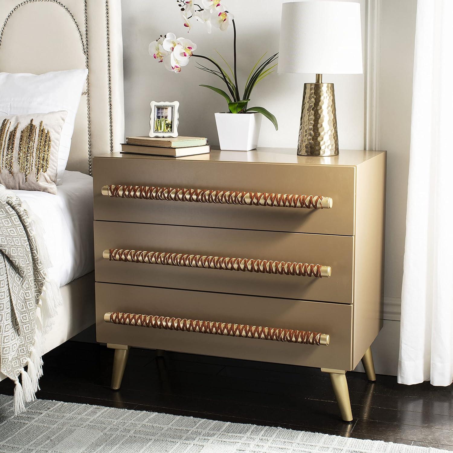Raquel 3 Drawer Chest - Taupe/Gold/Brown Faux Leather - Safavieh.