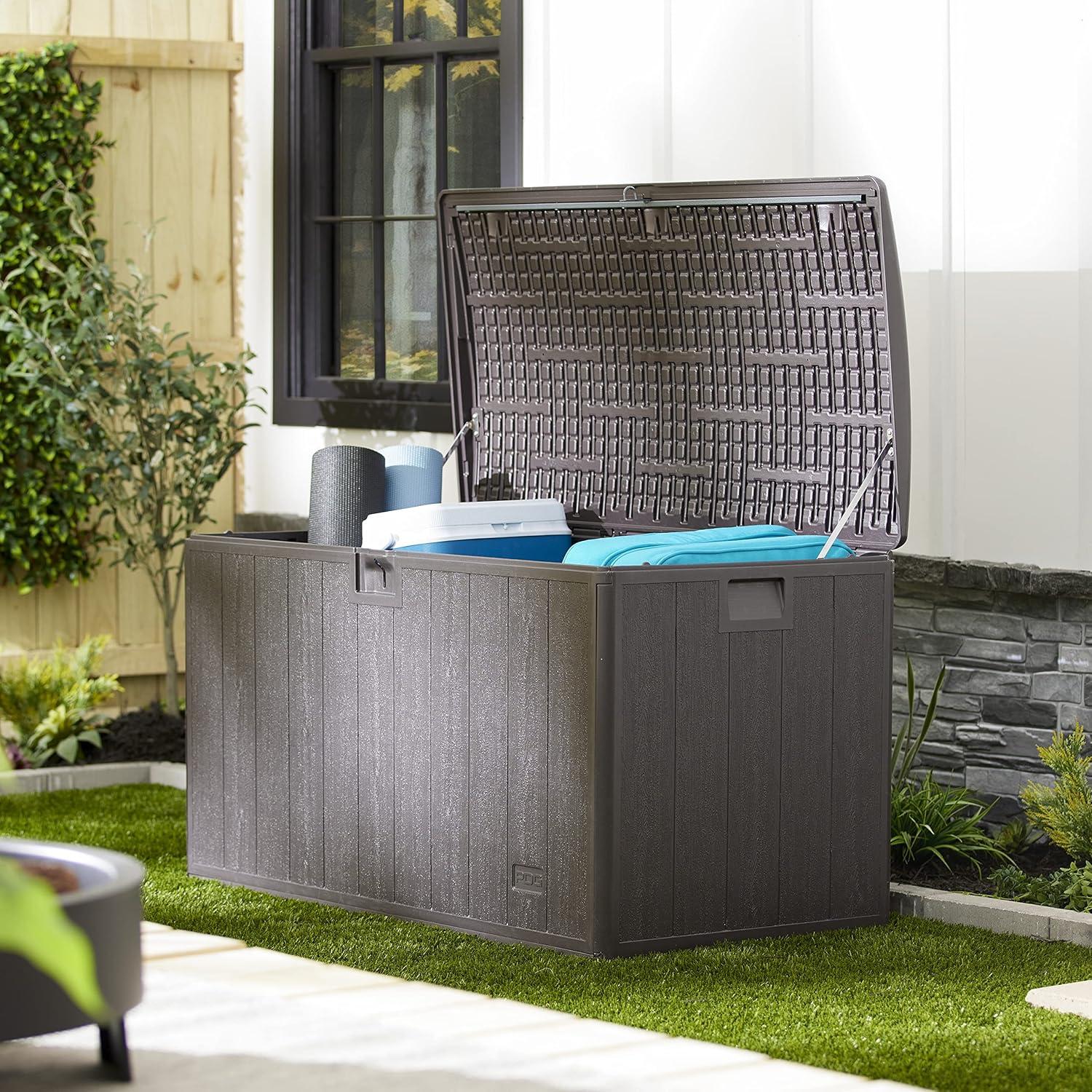 Plastic Development Group 105-Gallon Weather-Resistant Plastic Resin Outdoor Patio Storage Deck Box with Soft-Close Lid, Java Brown