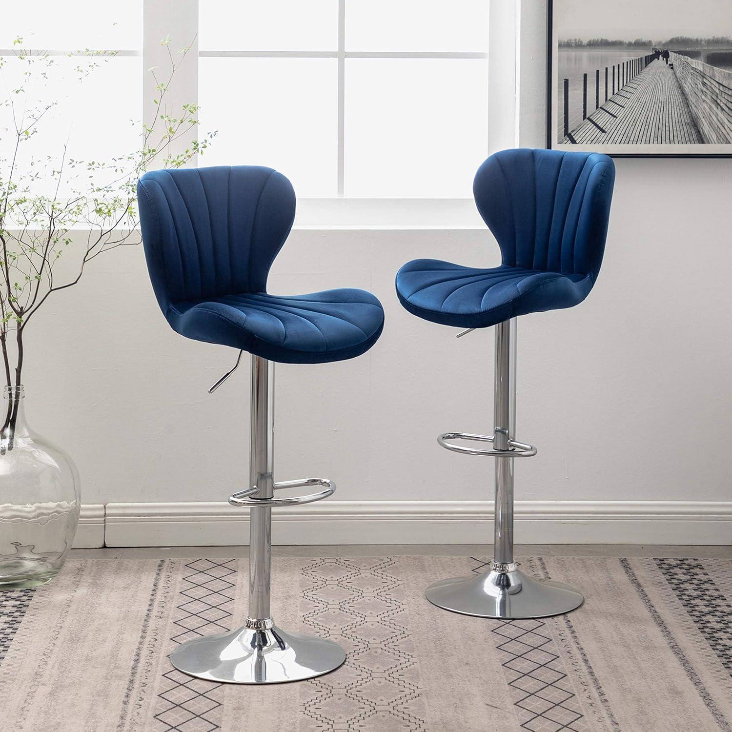 Blue Velvet Adjustable Swivel Bar Stools with Chrome Base, Set of 2